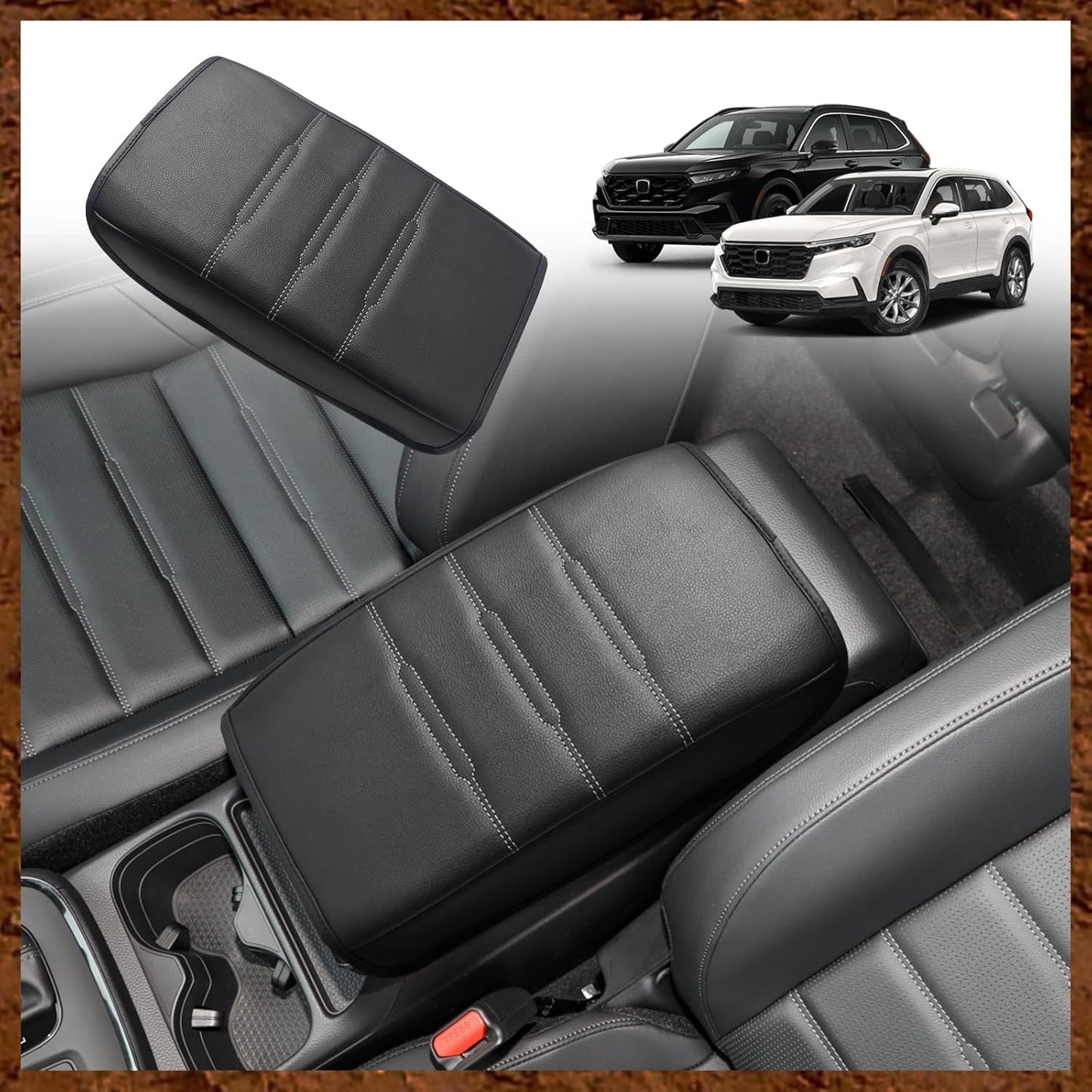 Muslogy Center Console Cover Compatible with 2023 2024 2025 Honda CR-V Accessories CRV Hybrid LX EX EX-L Sport Touring Armrest Cover Lid Cushion Protector Vegan Leather Extra Soft(Black/Orange Trim)