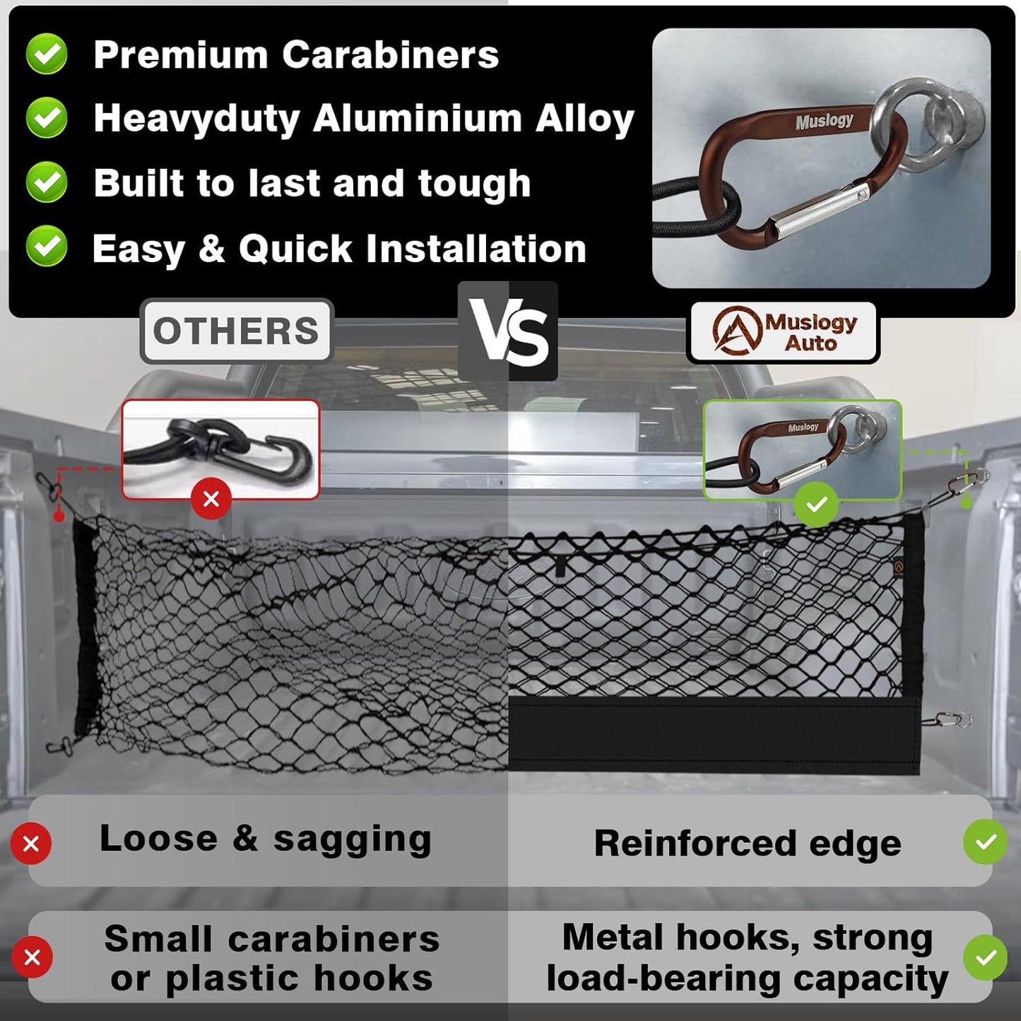Muslogy Truck Bed Cargo Net Compatible with Ford Ranger 2024 2025 Accessories Storage Organizer Pickup Truck Bed Envelope Style Cargo Net with Heavy Duty Carabiners