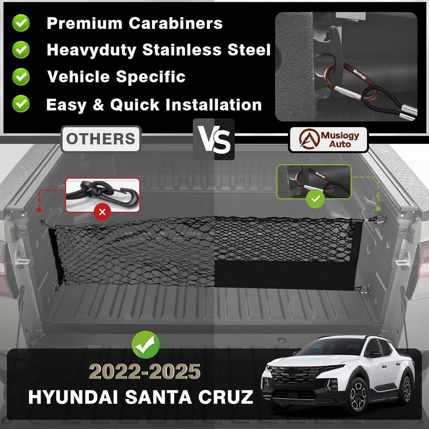 Muslogy Truck Bed Cargo Net Compatible with Hyundai Santa Cruz 2022-2025 Accessories Storage Organizer Pickup Truck Bed Envelope Style Cargo Net with Heavy Duty Carabiners