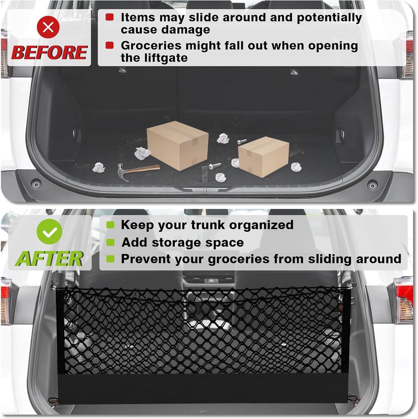 Muslogy Envelope Style Trunk Cargo Net Compatible with Toyota RAV4 2019-2024 2025 Accessories Custom Fit Trunk Organizer Upgraded Storage Luggage Net with Metal Hooks