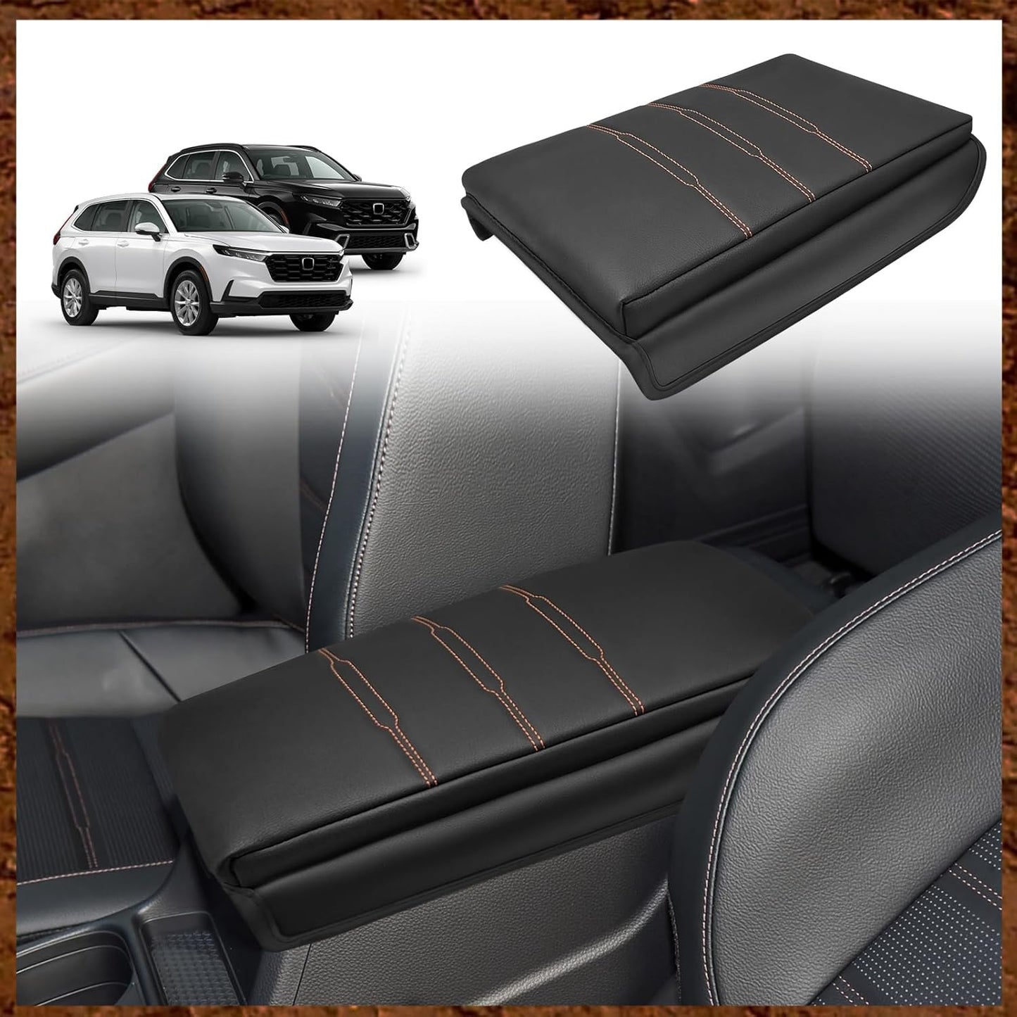 Muslogy Center Console Cover Compatible with 2023 2024 2025 Honda CR-V Accessories CRV Hybrid LX EX EX-L Sport Touring Armrest Cover Lid Cushion Protector Vegan Leather Extra Soft(Black/Orange Trim)