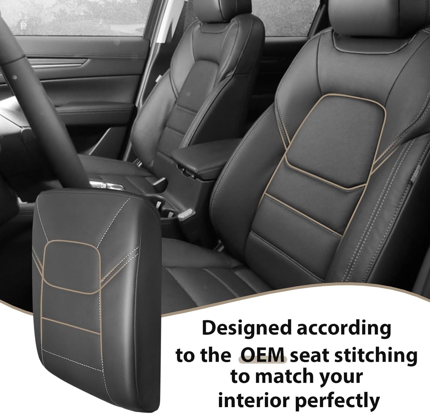 Muslogy Armrest Pad Center Console Cover Compatible with Mazda CX-5 2025 2024 2023-2017 CX5 Accessories Middle Console Cover Cushion Vegan Leather Armrest Lid Protector (Black/Whtie Stitching)
