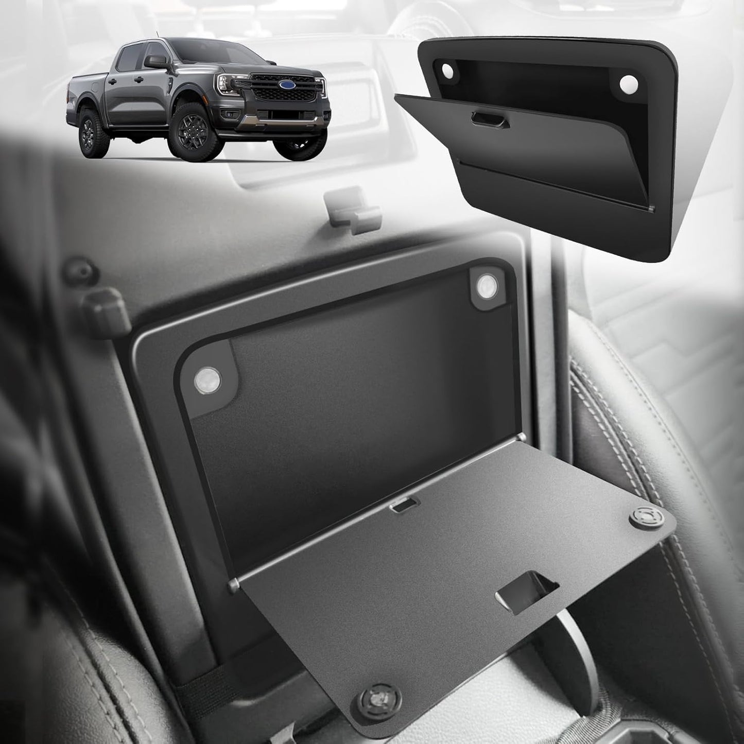 Muslogy Center Console Hidden Organizer Magnet Opening Design Compatible with Ford Ranger 2024 2025 Accessories Armrest Hidden Storage Box Insert Secret Organizer Magnetic Switch