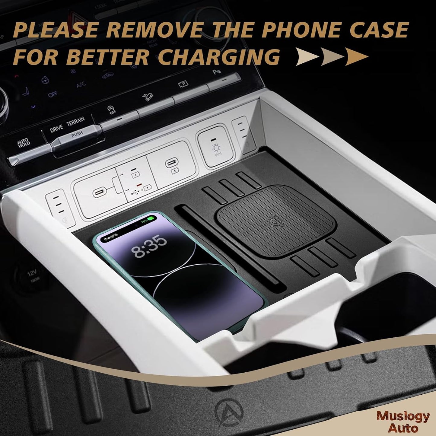 Muslogy Center Console Wireless Charger Mat Compatible with 2024 2025 Hyundai Santa Fe Accessories Interior Protective Anti-Slip Silicone Liner Waterproof Phone Charging Pad Protection