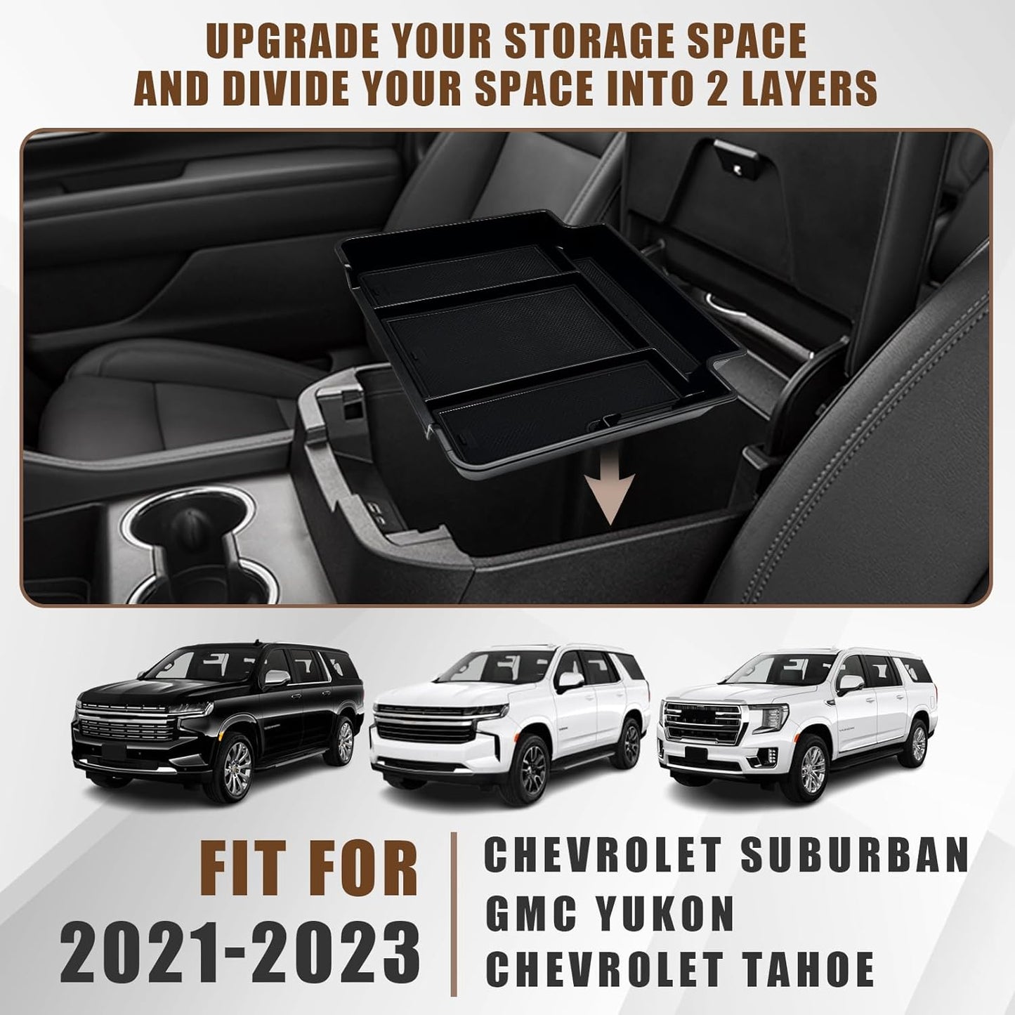 Muslogy for 2021-2025 Yukon Tahoe Suburban Center Console Tray Middle Organizer ABS Armrest Storage Box Compatible with GMC Yukon Tahoe Suburban 2021 2022 2023 2024 2025 Not for Sliding Console(Black)