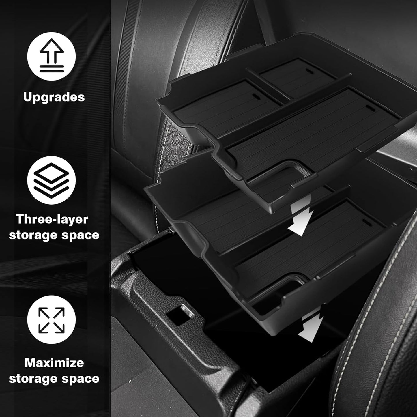 Muslogy Center Console Organizer Compatible with Ford Ranger 2024 2025 & Raptor Accessories Two-Layer Storage Box Insert Tray Secondary Storage Divider Armrest Tray ABS Material Glove Box (Black)