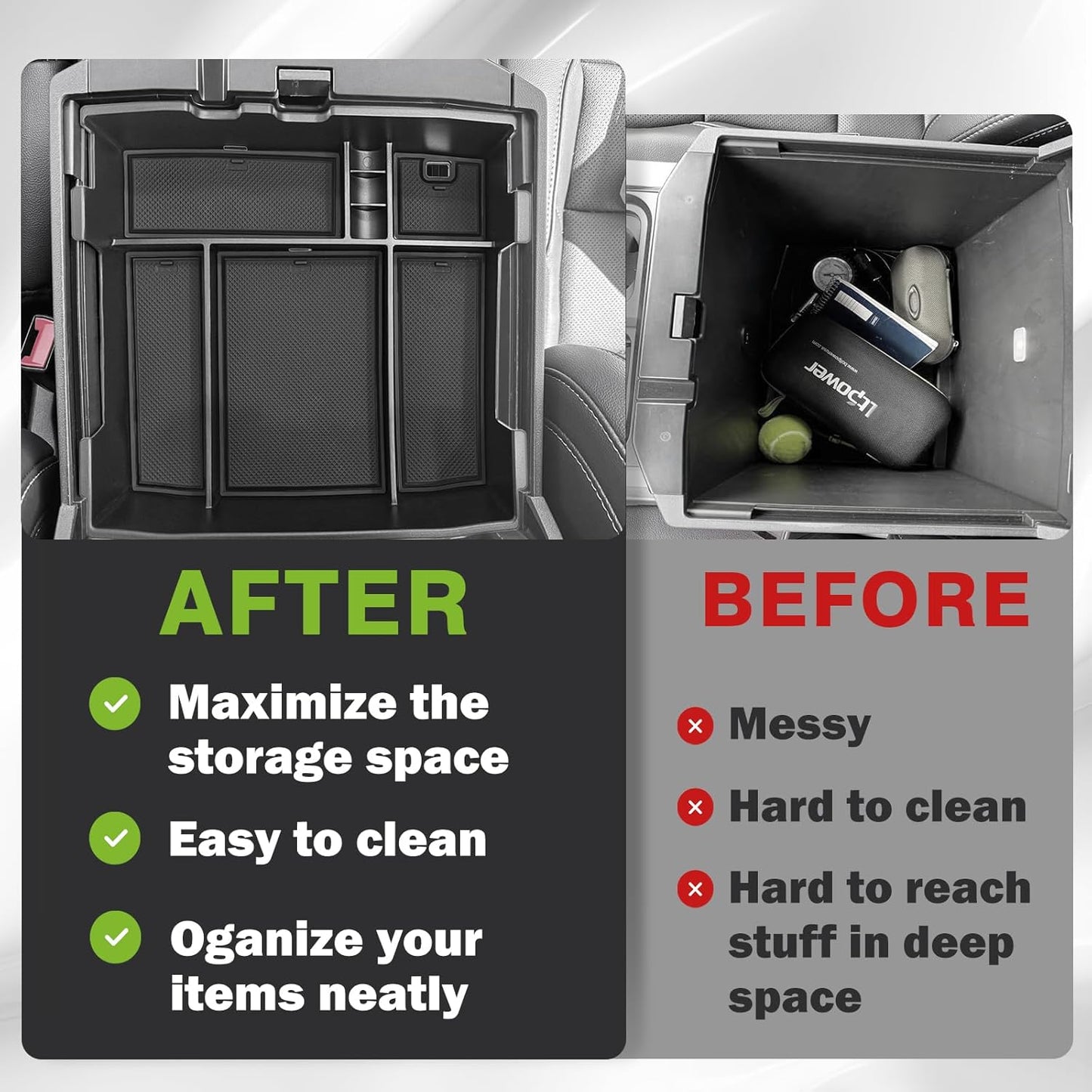 Muslogy Center Console Organizer For 2023-2025 Ford F250 F350 F450 Super Duty Accessories Custom Fit Storage Box Divider(Fit with OEM Tray), Fits Bucket Seats Only, Not for Work Surface Console(Black)