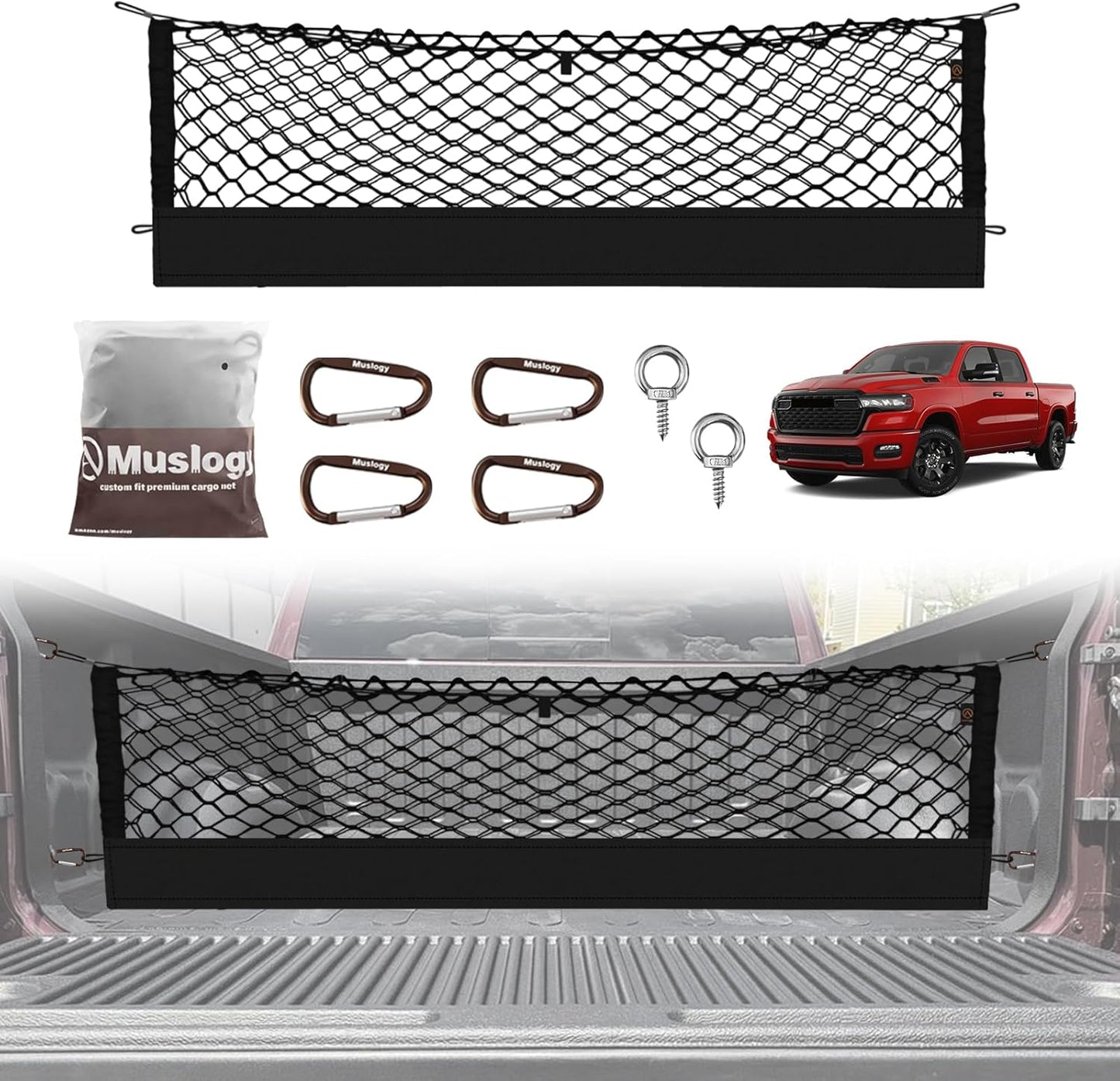 Muslogy Truck Bed Cargo Net Compatible with Dodge Ram 1500 2019-2025 Accessories Storage Organizer Pickup Truck Bed Envelope Style Cargo Net with Heavy Duty Carabiners 10