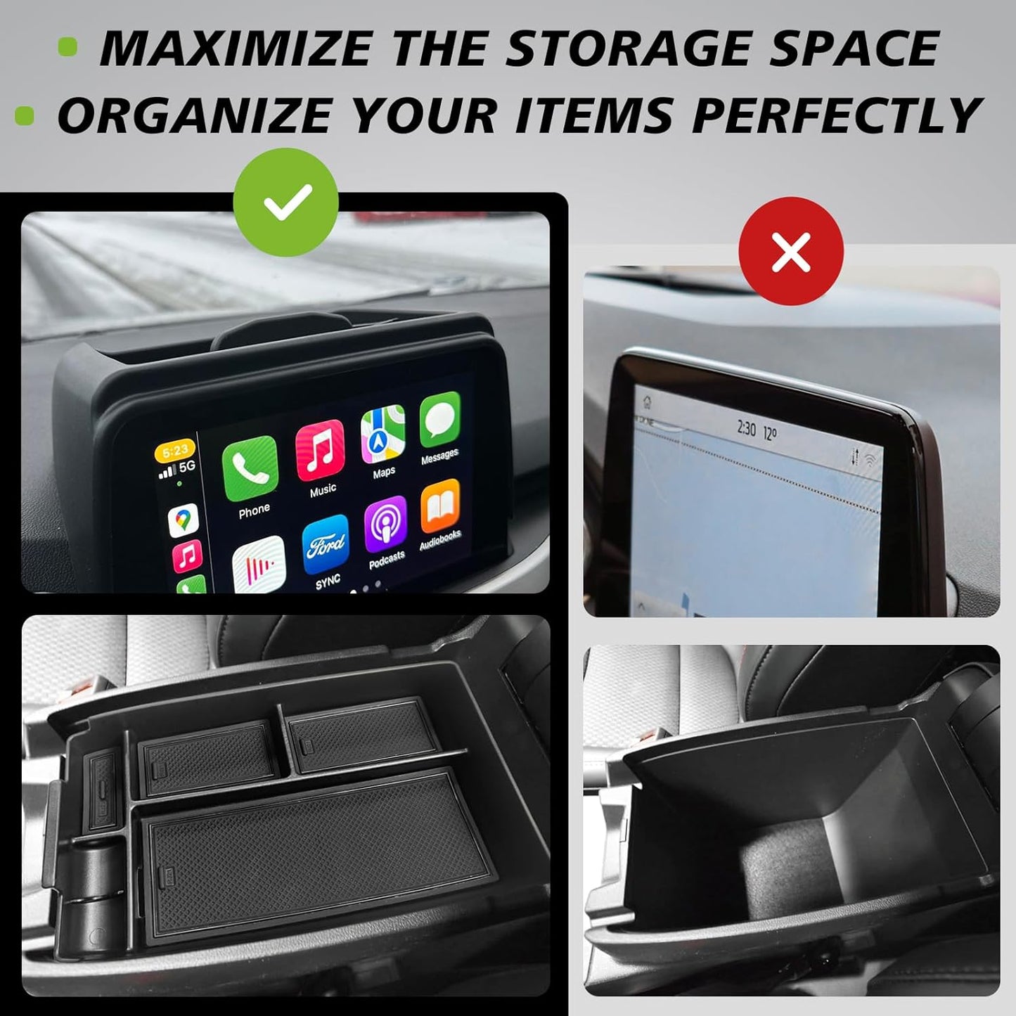 Muslogy for 2020-2024 2025 Escape Center Console Organizer & Dash Storage Tray Fits 8-inch Screen 2PCS Set Interior Accessories Compatible with Ford Escape 2025 2024-2020(Dash Tray+Console Organizer)