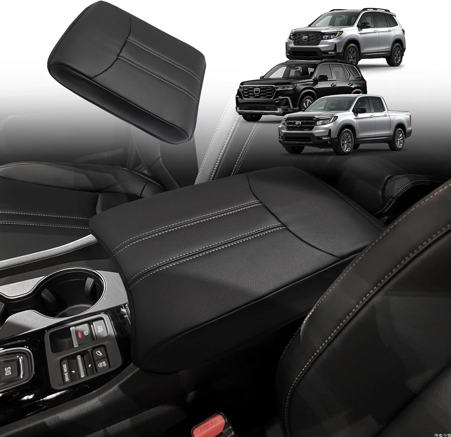 Muslogy Center Console Cover Compatible with Honda Pilot 2023 2024 2025, 2024-2026 Ridgeline/Passport Accessories Armrest Pad Lid Cushion Console Protector Vegan Leather Extra Soft(Black/Orange Trim)