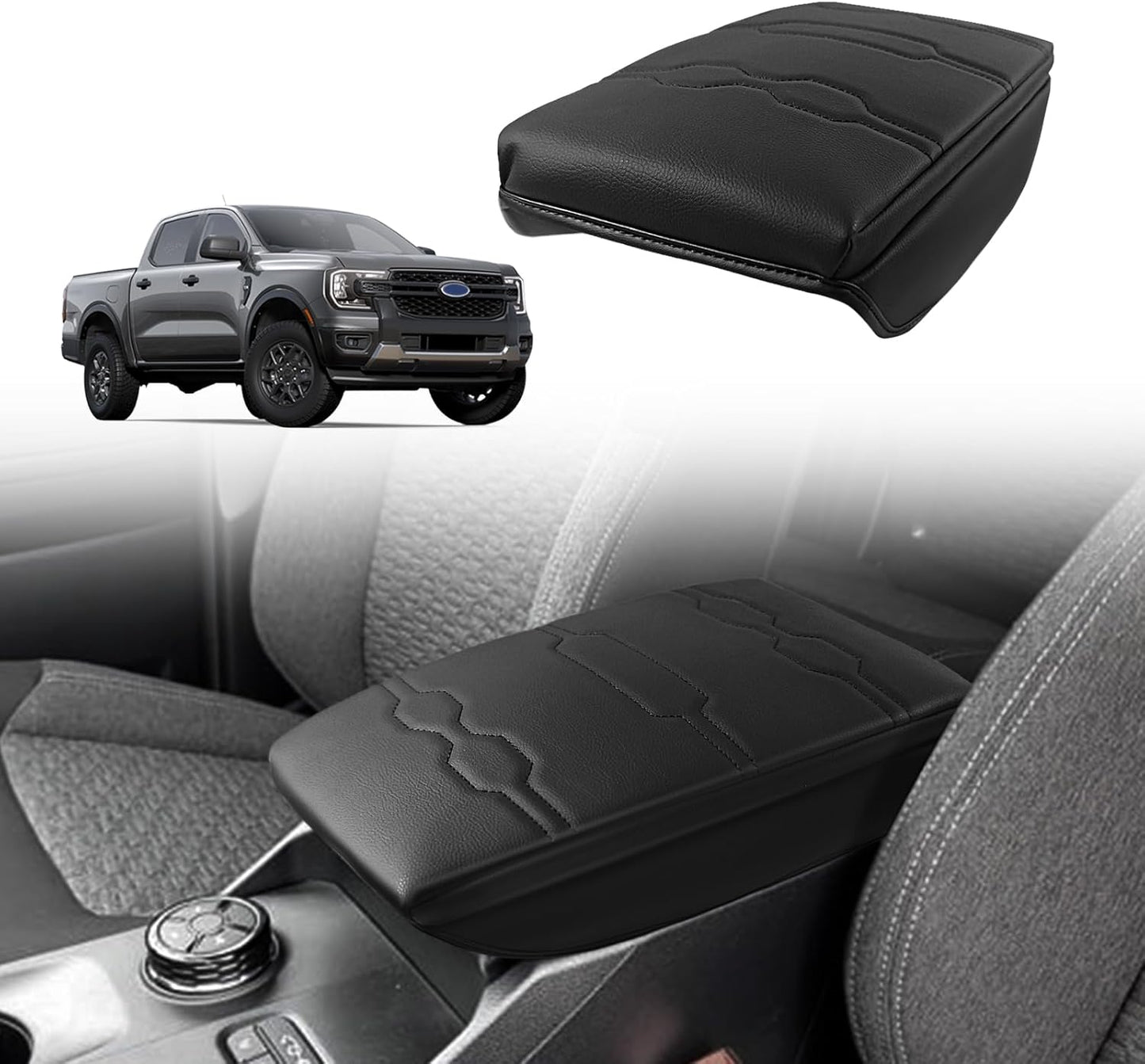 Muslogy Center Console Armrest Cover Compatible with Ford Ranger 2024 2025 Accessories Comfort Armrest Pad Cushion Box Lid Cover Vegan Leather Protector Regular Thick(Black/Black Stitching)
