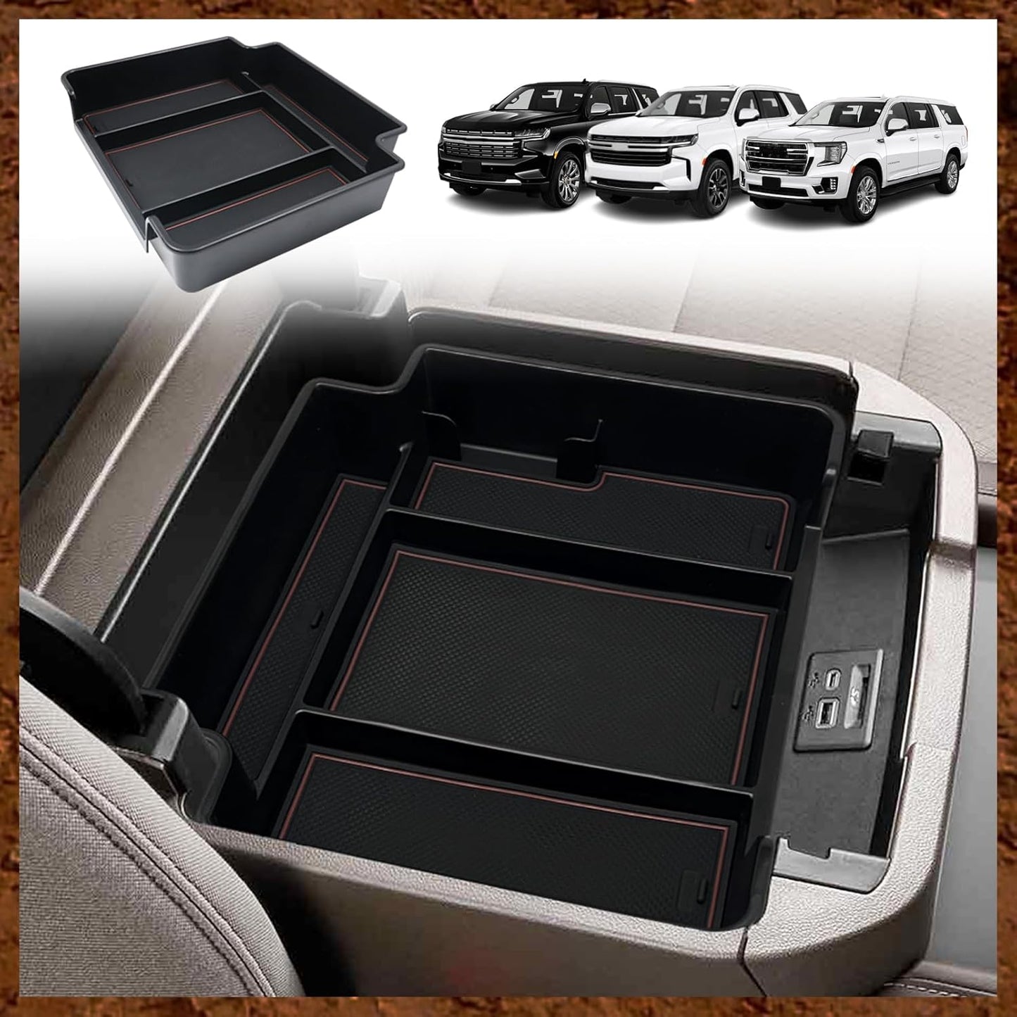 Muslogy for 2021-2025 Yukon Tahoe Suburban Center Console Tray Middle Organizer ABS Armrest Storage Box Compatible with GMC Yukon Tahoe Suburban 2021 2022 2023 2024 2025 Not for Sliding Console(Black)