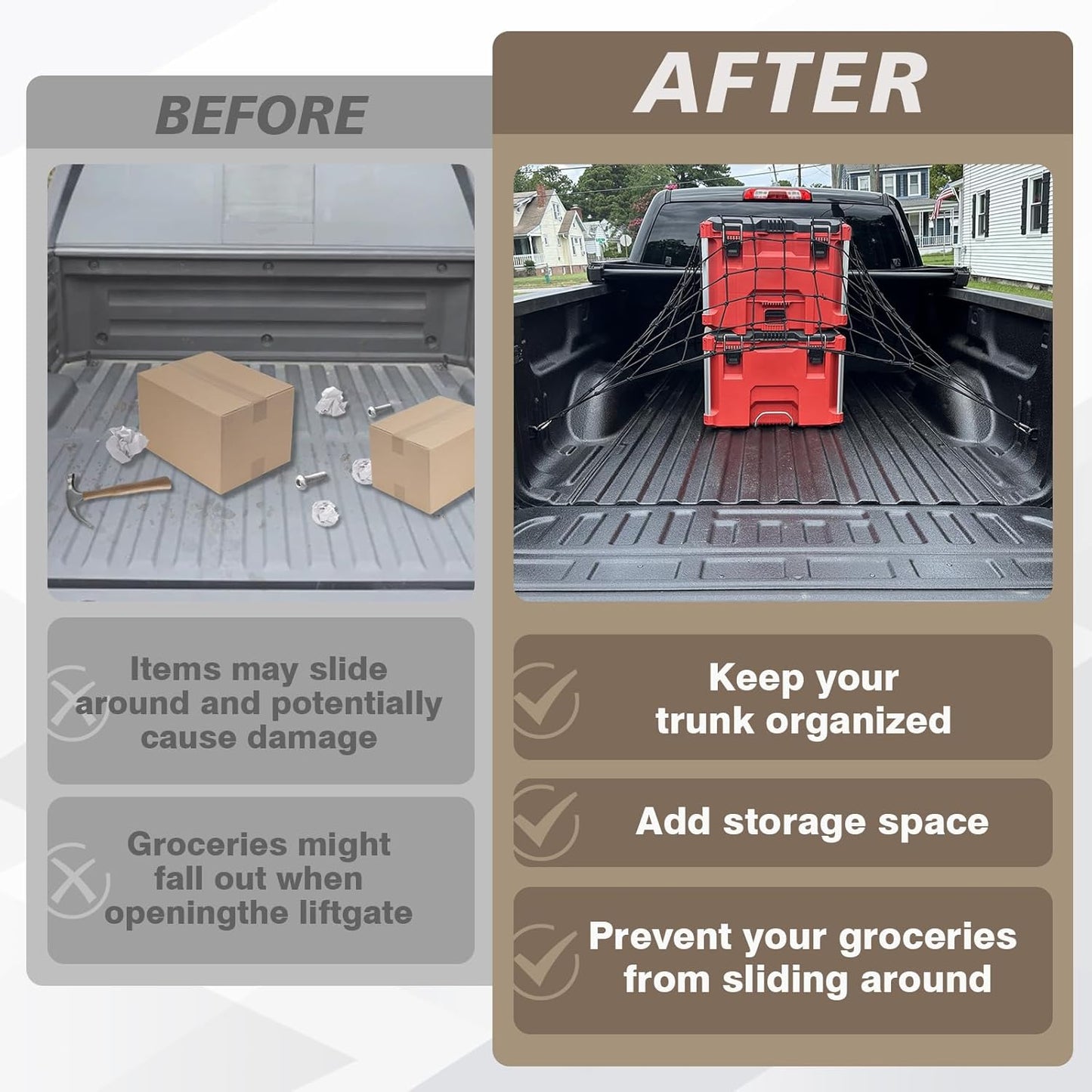 Muslogy Cargo Net Compatible with Pickup Truck Bed Organizer Divider Stretchable 4'x6' to 8'x12' High Elastic Trailer Accessories Storage Bungee Mesh with 14 Metal Carabiners (Upgraded 6mm Latex)