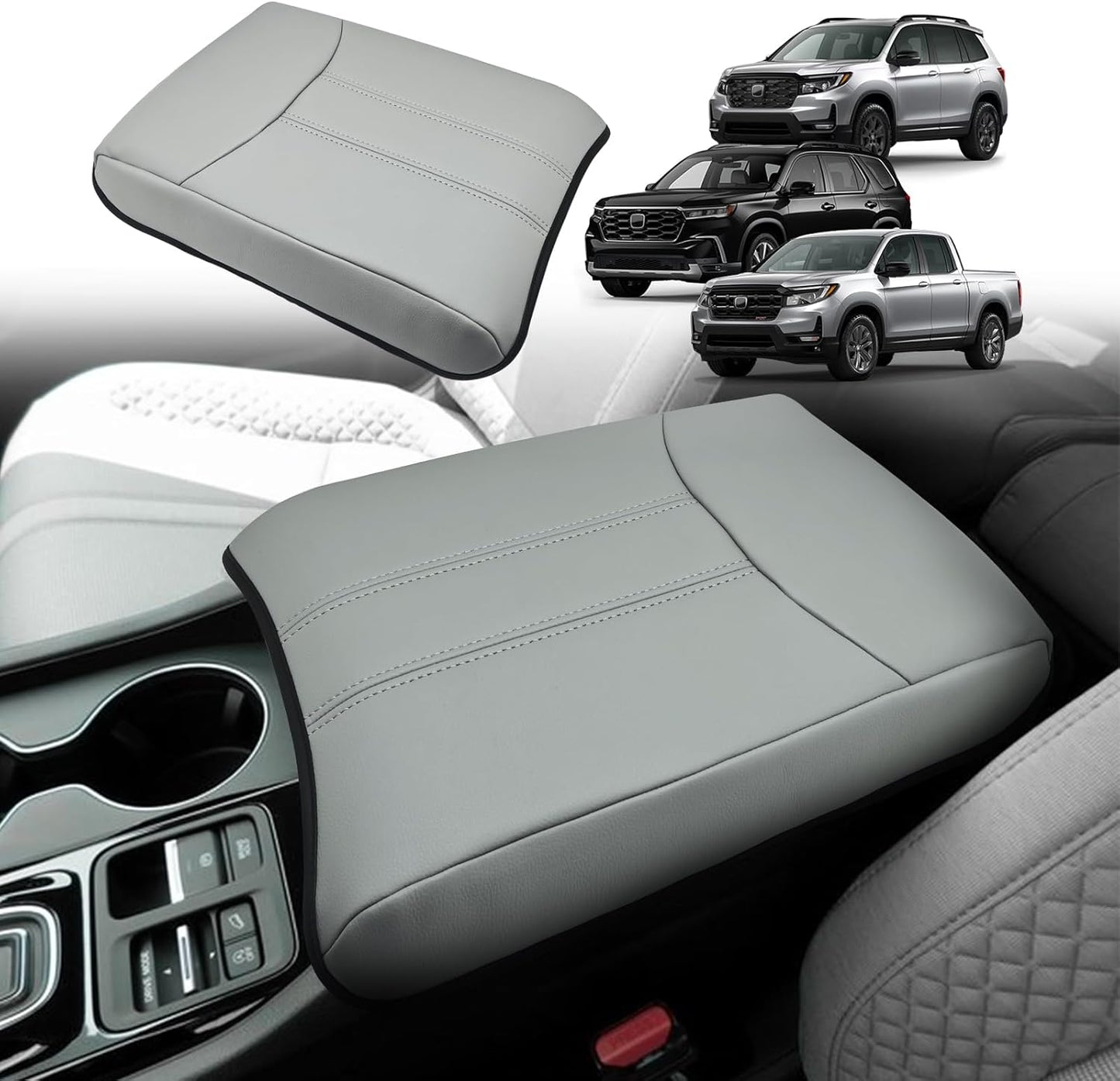 Muslogy Center Console Cover Compatible with Honda Pilot 2023 2024 2025, 2024-2026 Ridgeline/Passport Accessories Armrest Pad Lid Cushion Console Protector Vegan Leather Extra Soft(Black/Orange Trim)