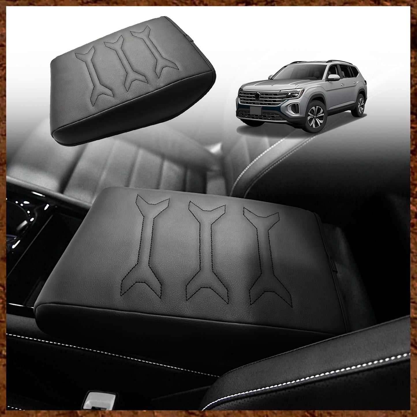 Muslogy for 2024 2025 Atlas & Cross Sport Center Console Pad Armrest Cover Protector Vegan Leather Extra Soft Armrest Box Lid Pad Compatible with Volkswagen Atlas/Cross Sport Accessories (V1_Black)