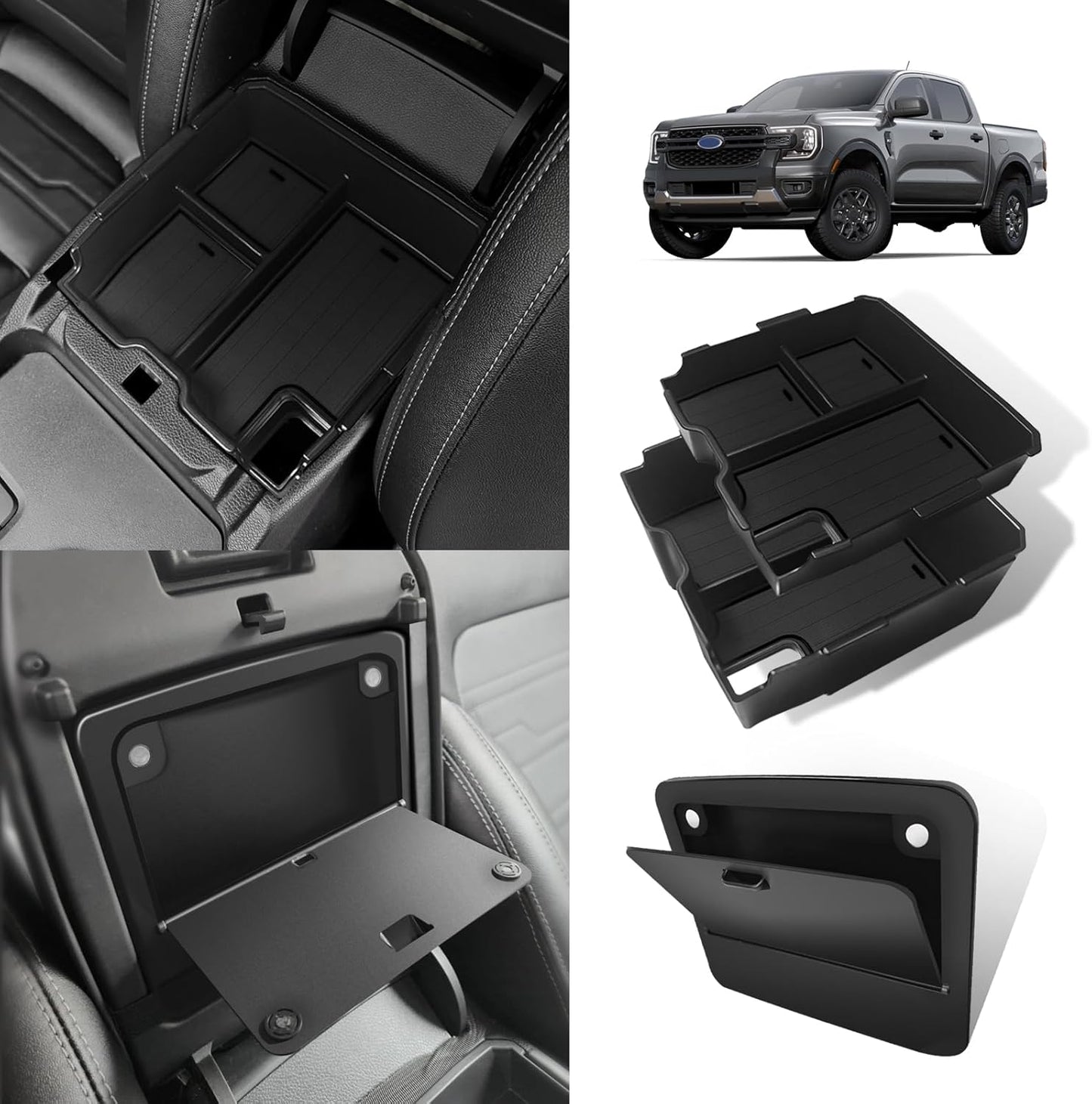 Muslogy Center Console Hidden Organizer Magnet Opening Design Compatible with Ford Ranger 2024 2025 Accessories Armrest Hidden Storage Box Insert Secret Organizer Magnetic Switch