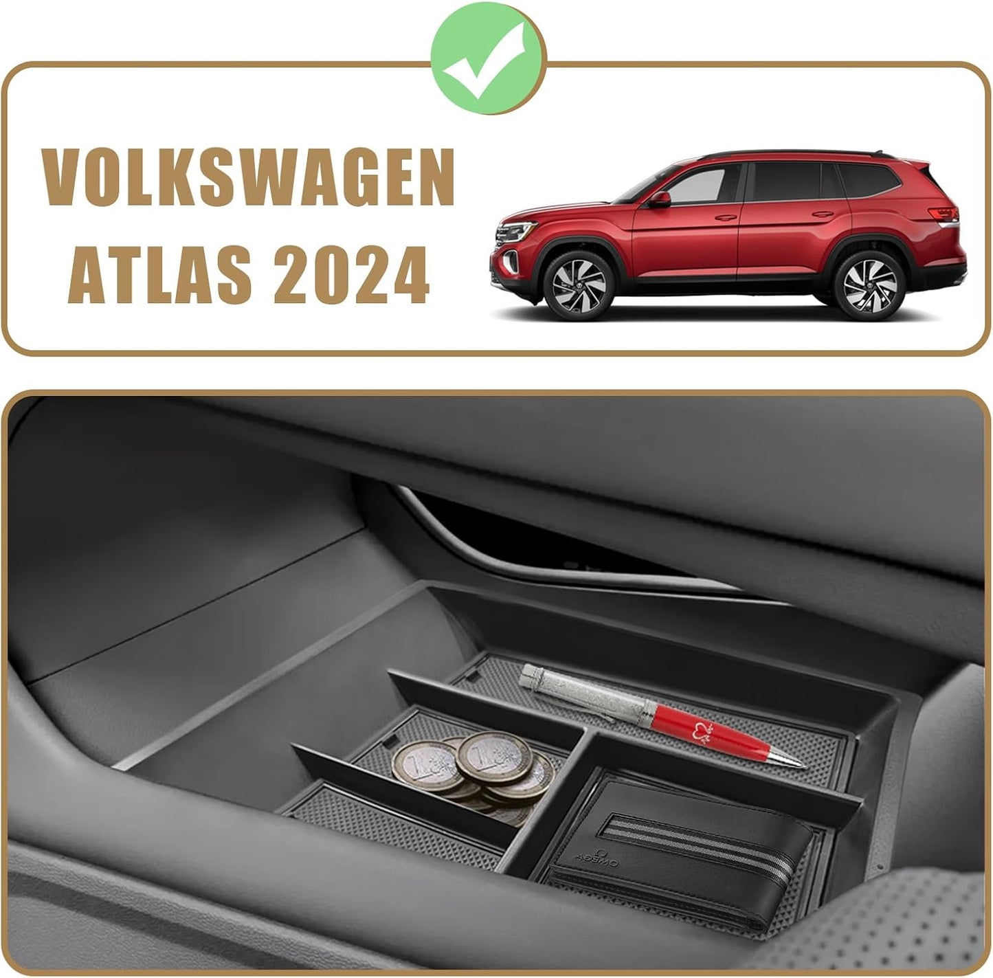 Muslogy Lower Center Console Organizer Compatible with Volkswagen Atlas & Cross Sport 2024 2025 Interior Accessories Insert Storage Tray Divider(Lower Center Console Tray)
