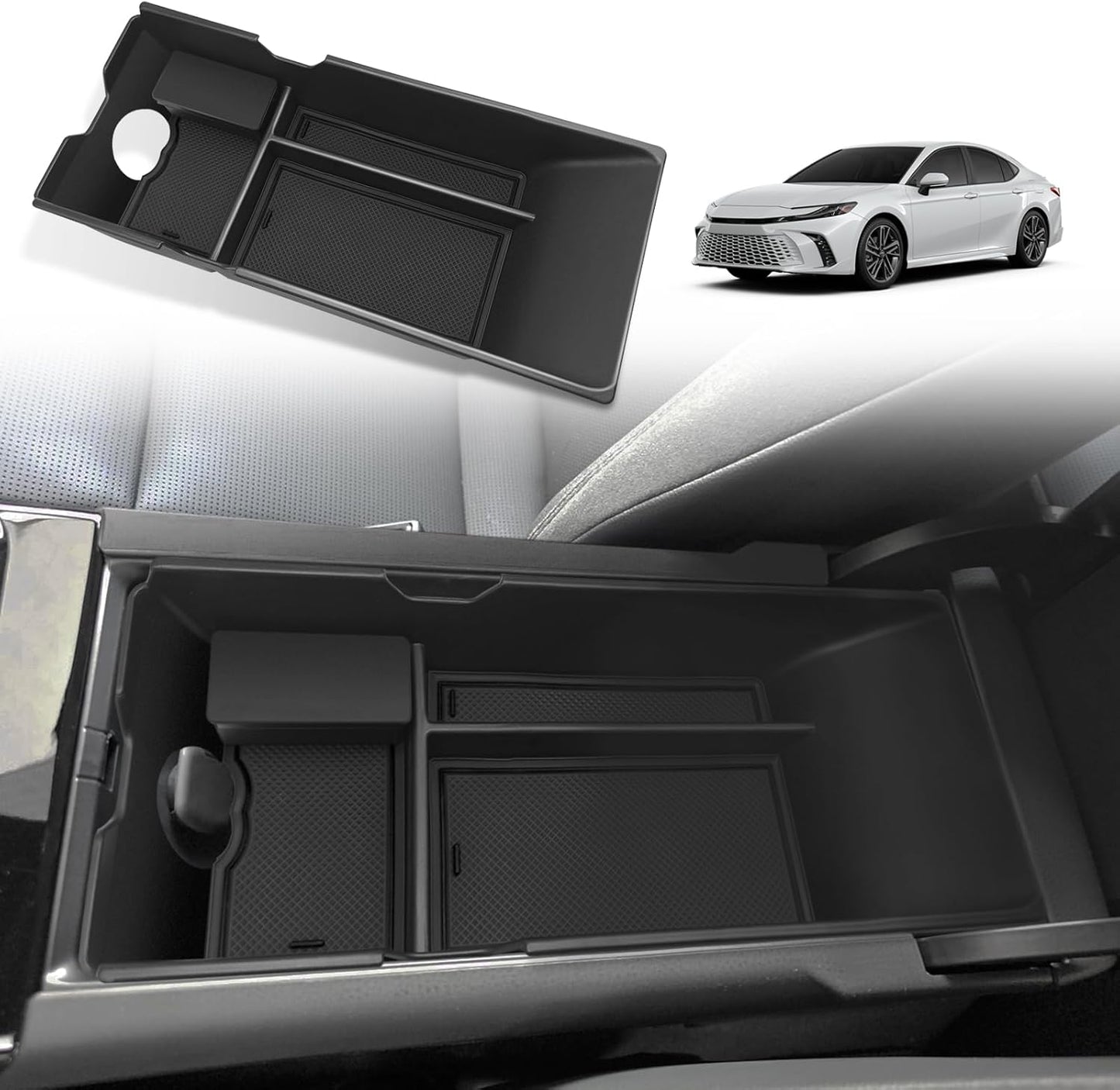Muslogy Center Console Organizer Compatible with 2025 Toyota Camry LE SE XLE XSE Accessories Middle Storage Box with Removable Coin Holder Insert Tray Interior Secondary Accessories (Black)