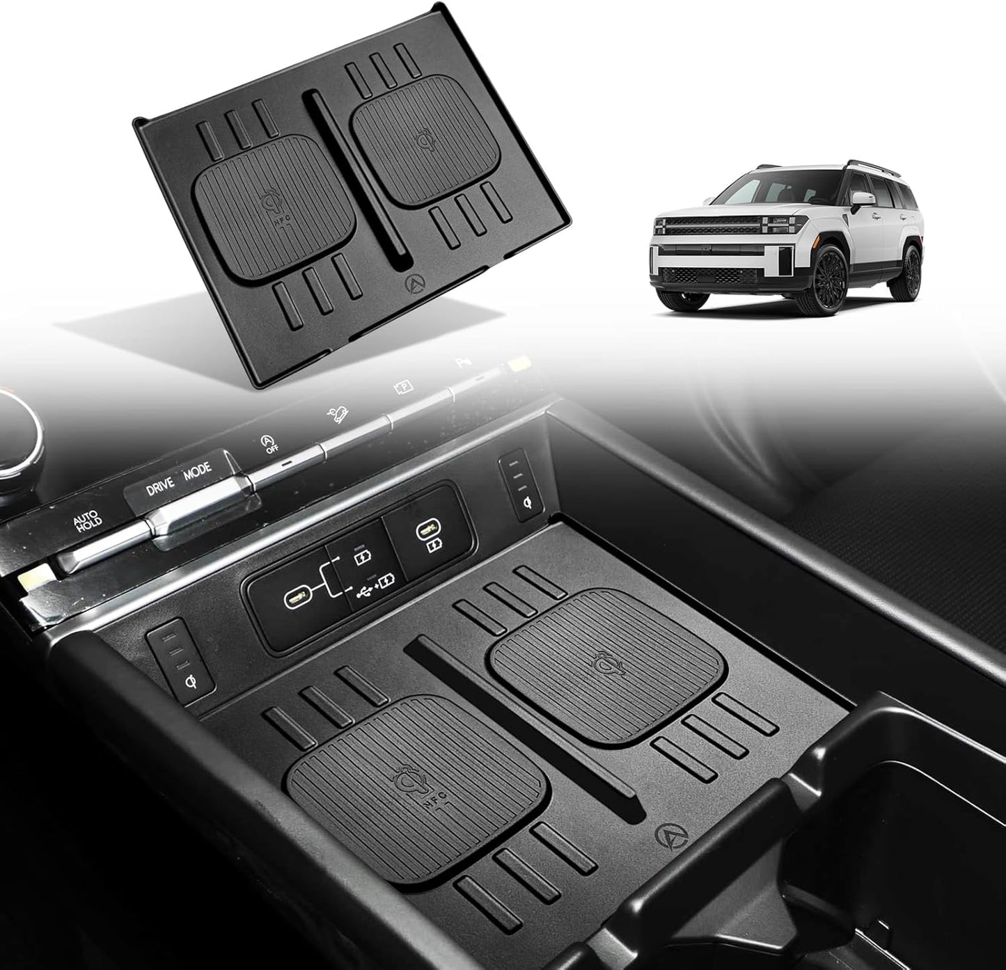 Muslogy Center Console Wireless Charger Mat Compatible with 2024 2025 Hyundai Santa Fe Accessories Interior Protective Anti-Slip Silicone Liner Waterproof Phone Charging Pad Protection