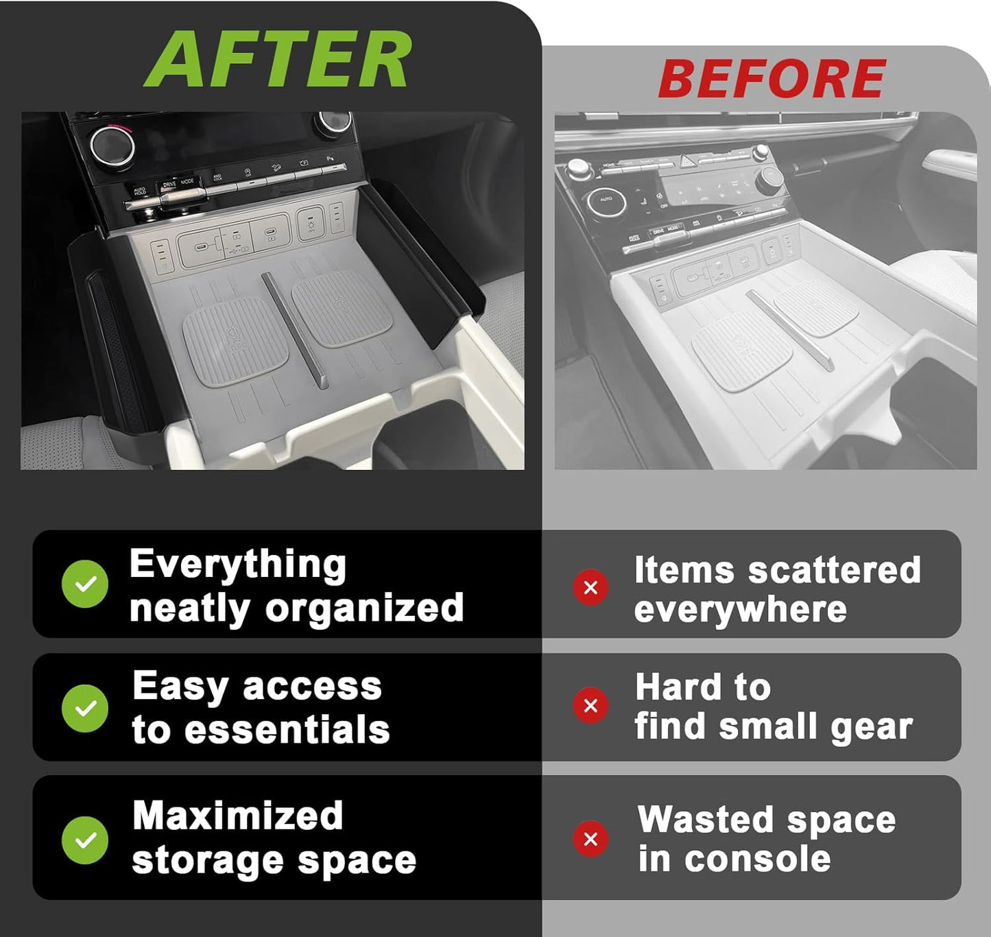Muslogy Console Organizer Compatible with 2024 2025 Hyundai Santa Fe Accessories Middle Console Storage Box Left & Right Set Interior Phone Pocket with Anti-Slip Mats