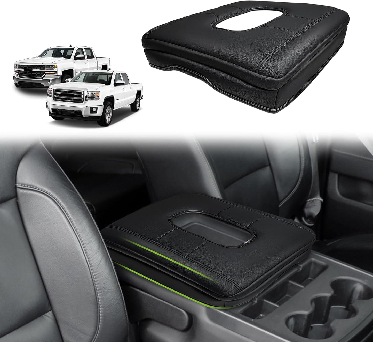 Muslogy Center Console Armrest Cover Compatible with Chevy Silverado & GMC Sierra 1500 2500 3500 2014-2018 Comfort Armrest Pad Arm Rest Cushion Vegan Leather Protector Regular Thick(Bucket Seat ONLY)