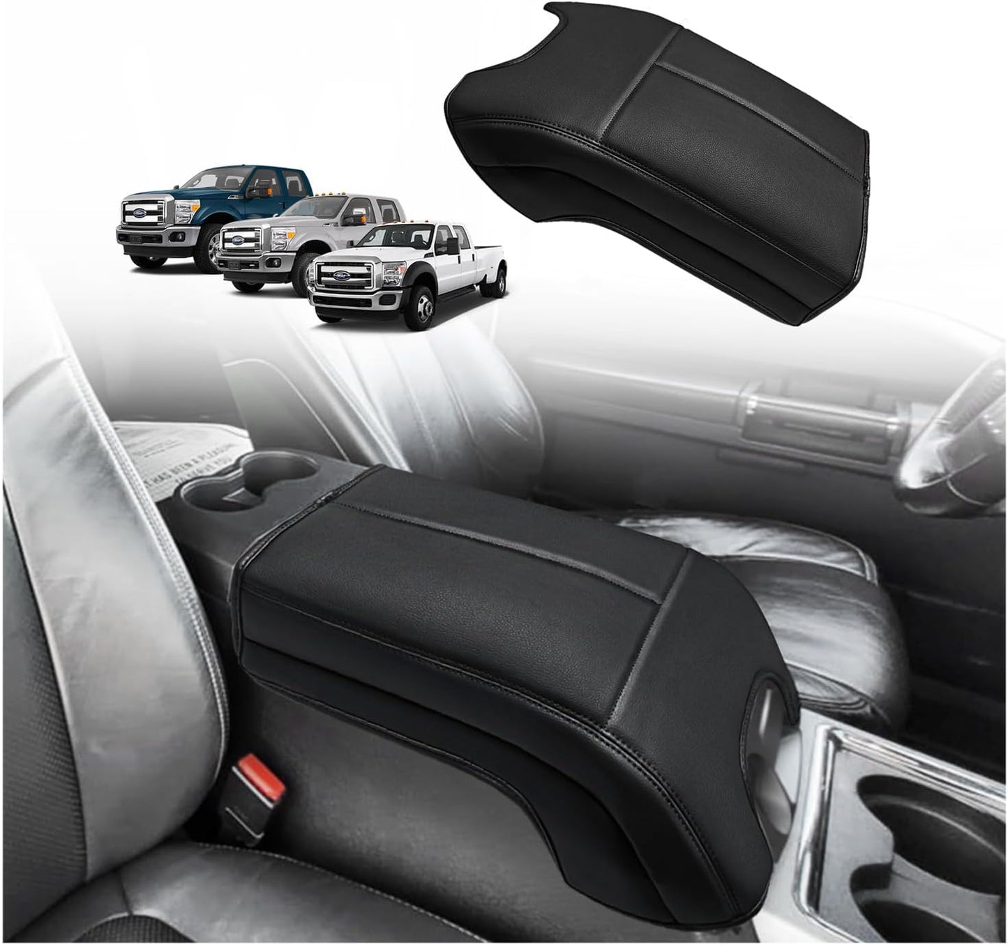 Muslogy Center Console Armrest Cover Compatible with Ford F250 F350 F450 2023 2024 2025 Super Duty Comfort Armrest Pad Arm Rest Cushion Vegan Leather Protector Regular Thick(Bucket Seat ONLY)