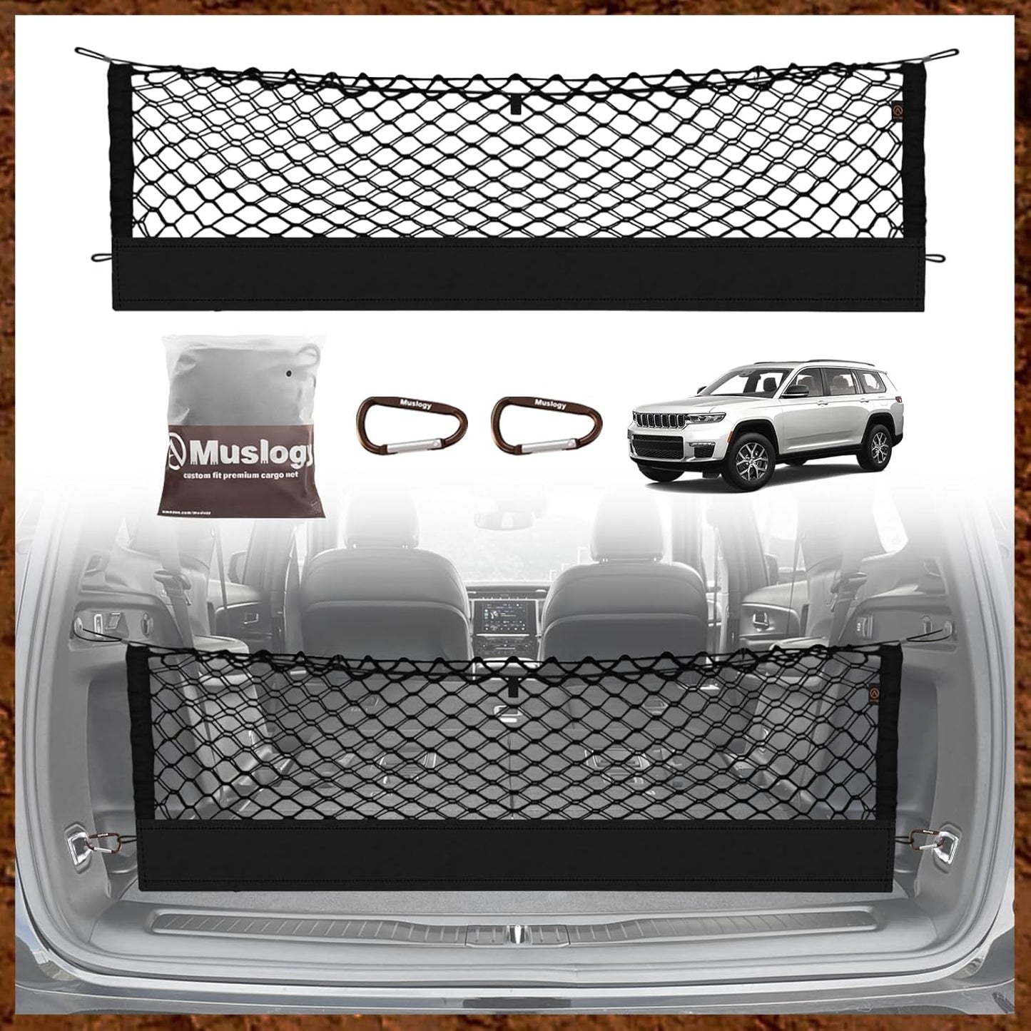 Muslogy Envelope Style Trunk Cargo Net Compatible with 2015-2021 Jeep Grand Cherokee Accessories Custom Fit Trunk Organizer Upgraded Mesh Storage Luggage Net with Metal Hooks (WK2 ONLY)