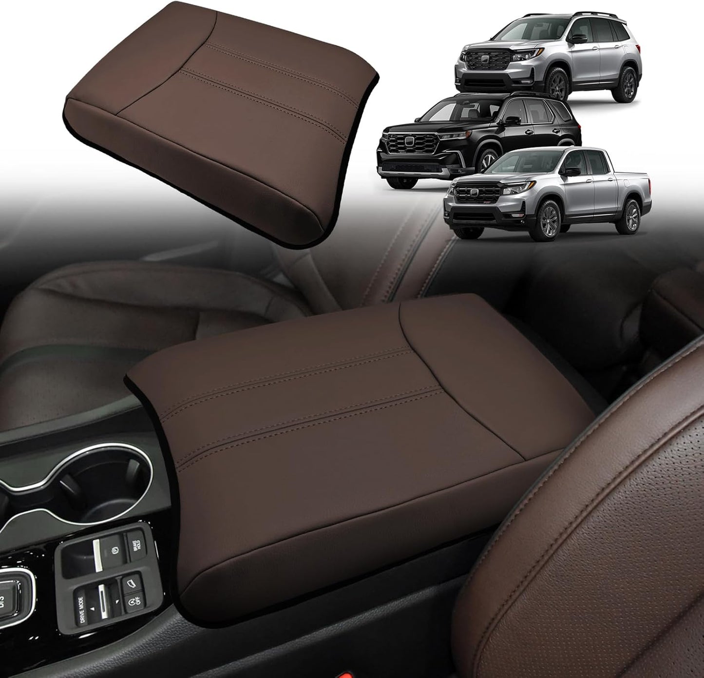 Muslogy Center Console Cover Compatible with Honda Pilot 2023 2024 2025, 2024-2026 Ridgeline/Passport Accessories Armrest Pad Lid Cushion Console Protector Vegan Leather Extra Soft(Black/Orange Trim)
