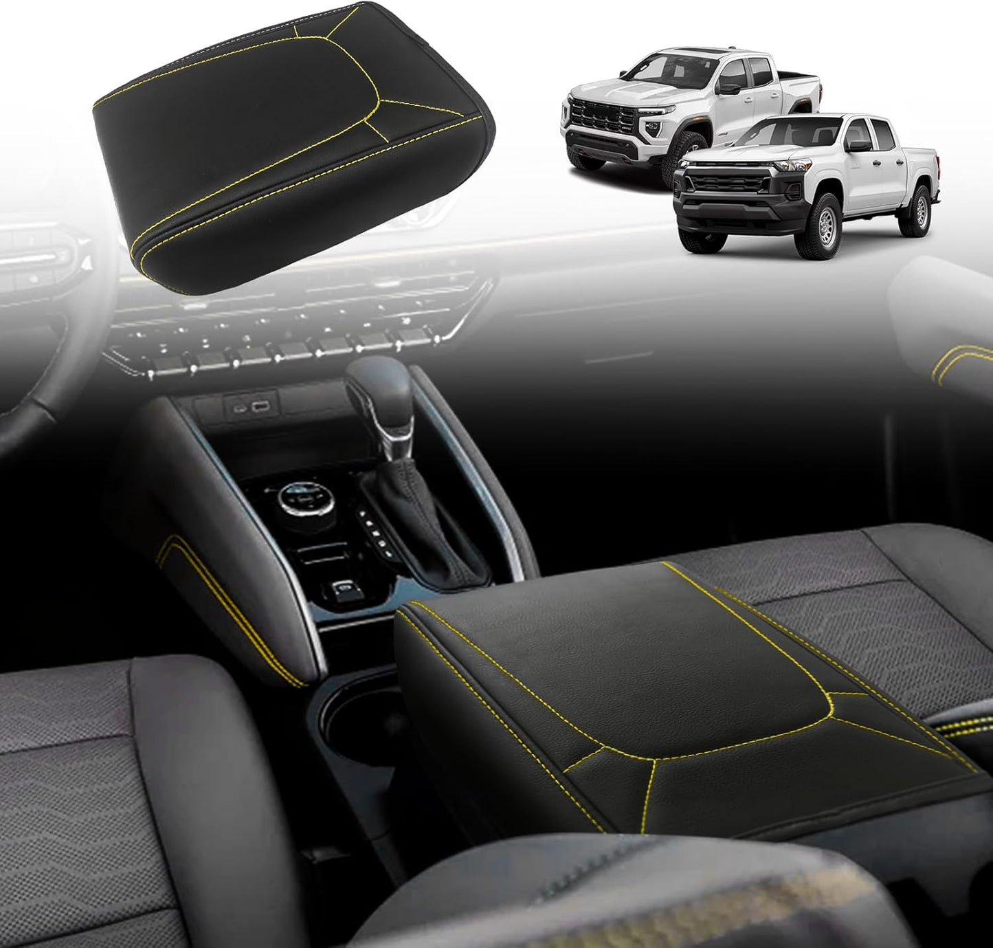 Muslogy Center Console Armrest Cover Compatible with Chevy Colorado/GMC Canyon 2023 2024 2025 ZR2 Z71 Trail Boss LT WT Elevation AT4 Denali AT4X Accessories Regular Thick(Black Stitching)