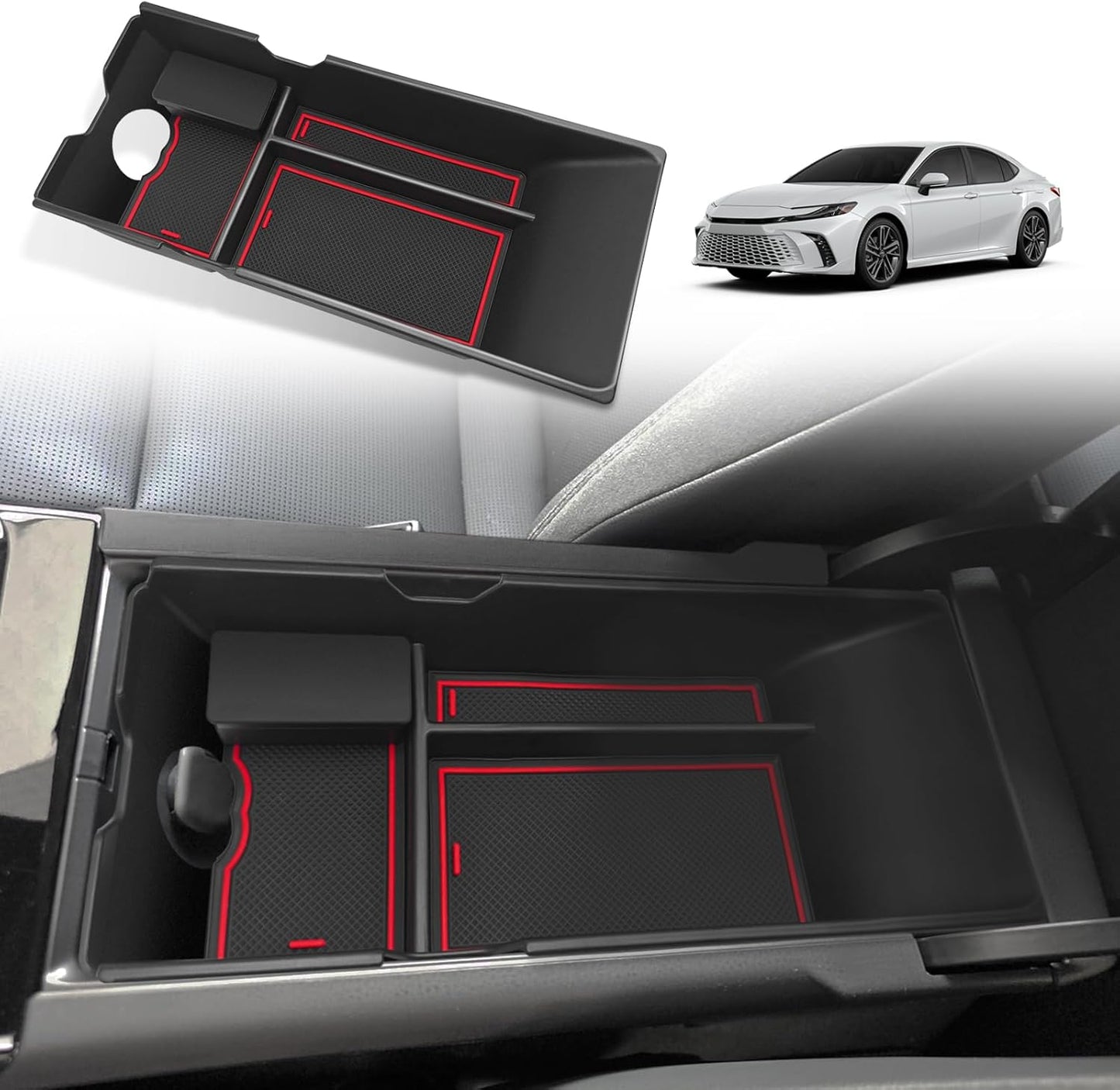 Muslogy Center Console Organizer Compatible with 2025 Toyota Camry LE SE XLE XSE Accessories Middle Storage Box with Removable Coin Holder Insert Tray Interior Secondary Accessories (Black)