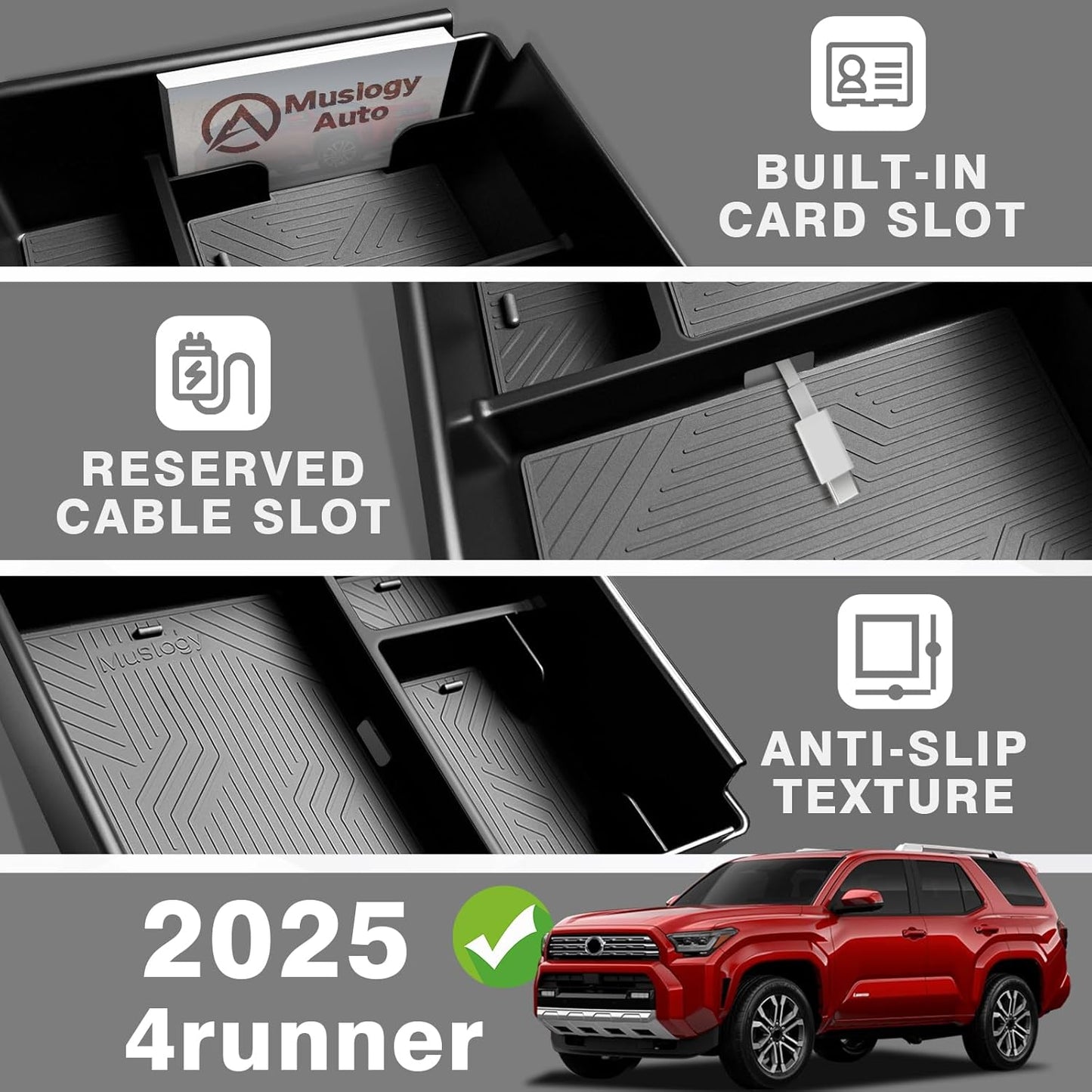 Muslogy Center Console Organizer Compatible with 2025 Toyota 4Runner Accessories Armrest Middle Console Divider Storage Box with Card Slot Tray Divider Insert Organizer ABS Material