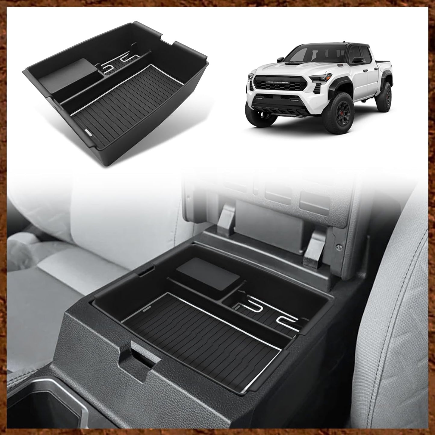 Muslogy Center Console Organizer Compatible with Toyota Tacoma 2024 2025 Accessories Middle Console Storage Box ABS Material with Anti-Slip Mats Interior Insert Tray (Black)