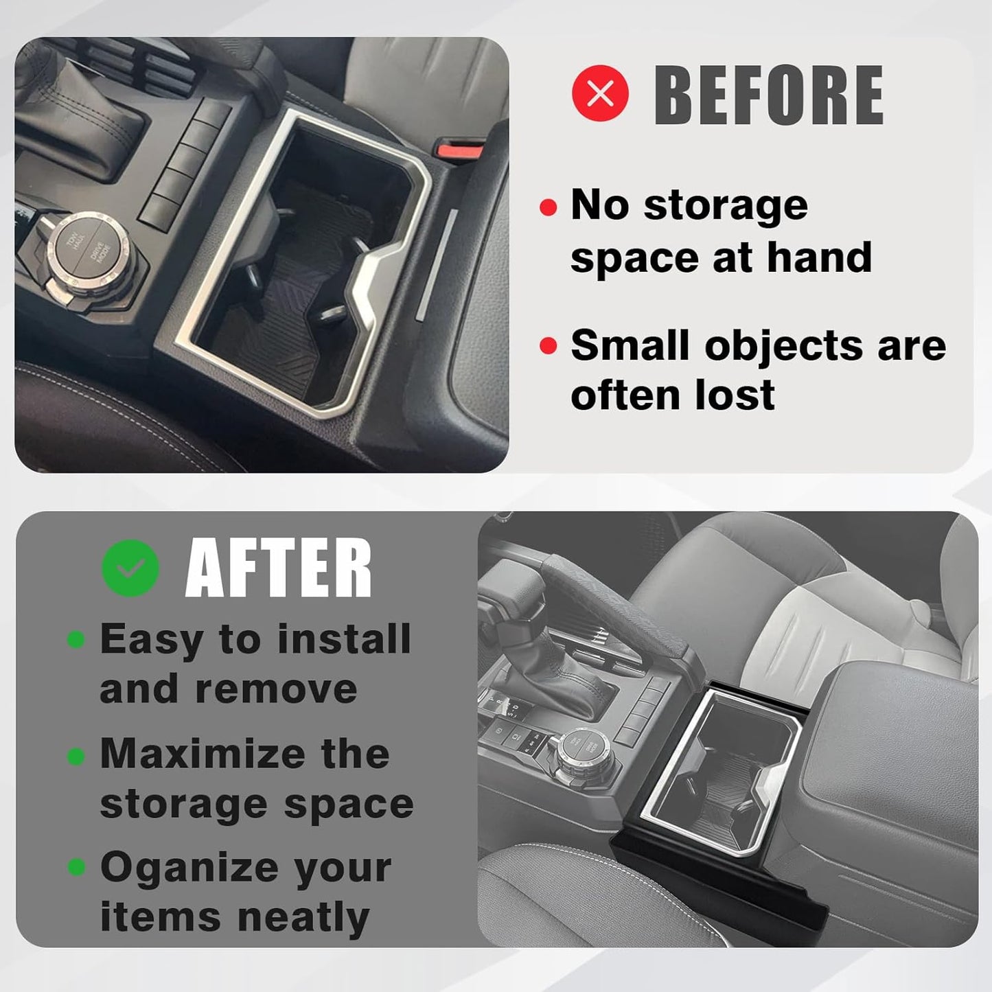 Muslogy Center Console Organizer Hanging Storage Box Compatible with 2024 2025 Toyota Tacoma & 2025+ 4Runner Accessories Console Left & Right Phone Pocket Gear Shift Side Organizer