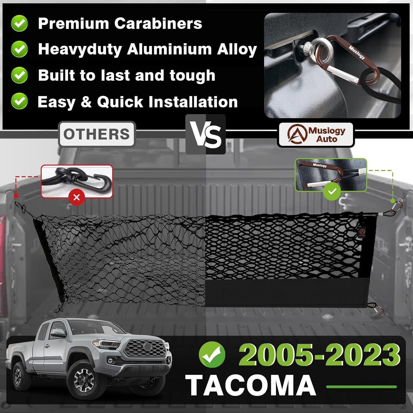 Muslogy Truck Bed Cargo Net Compatible with Toyota Tacoma 2005-2022 2023 Accessories Storage Organizer Pickup Truck Bed Envelope Style Cargo Net with Heavy Duty Carabiner