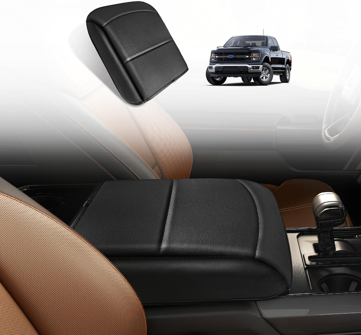 Muslogy Center Console Armrest Cover Compatible with Ford F-150 F150 2021-2025 Comfort Armrest Pad Arm Rest Cushion Vegan Leather Protector Regular Thick(WorkSurface ONLY)