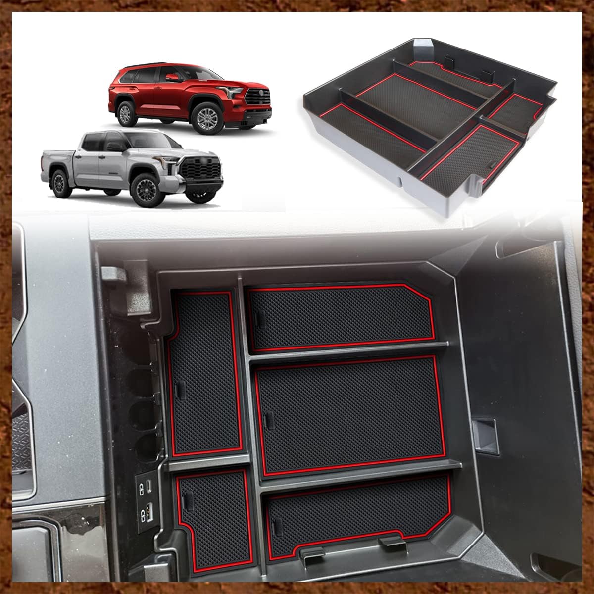 Muslogy Center Console Organizer Compatible with 2022 2023 2024 2025 Toyota Tundra Accessories & 2023-2025 Sequoia Console Storage Box Divider Insert Tray ABS Material with Non-Slip Mats(Rubber Black)