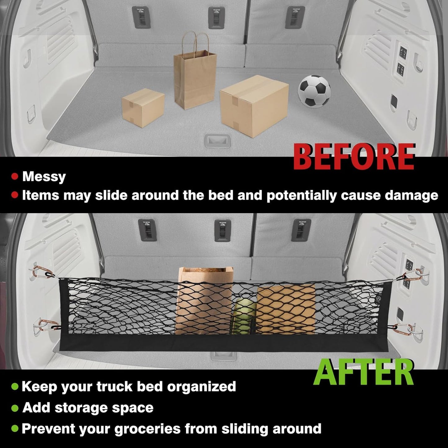 Muslogy Envelope Style Trunk Cargo Net Compatible with 2024 2025 GMC Acadia & Chevy Traverse & 2025 Buick Enclave Accessories Upgraded Mesh Storage Luggage Net with Metal Hooks