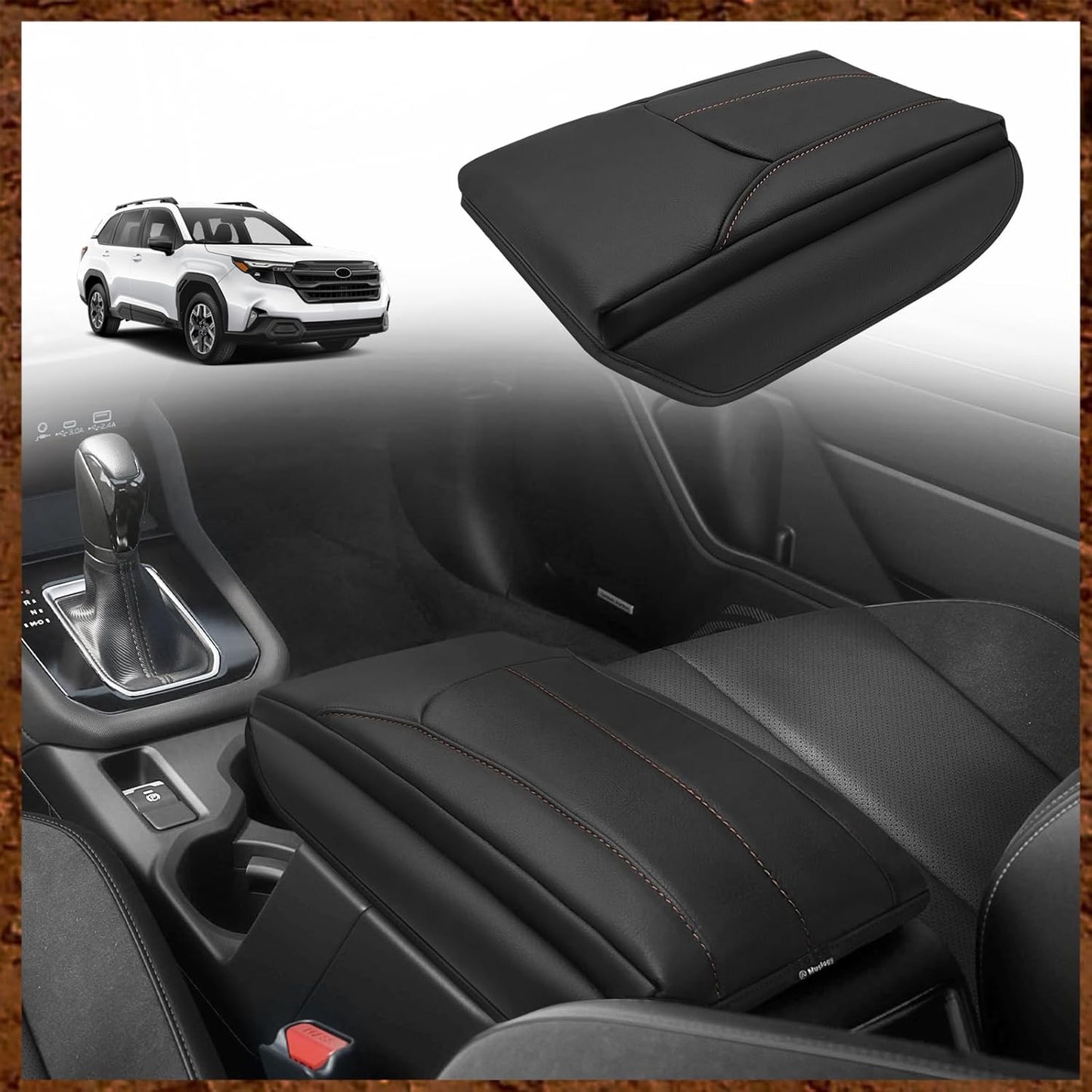 Muslogy Center Console Cover Compatible with Subaru Forester 2025 Accessories Armrest Cover Lid Cushion Protector Anti-Scratch Vegan Leather Extra Soft (Black/Gray Stitching)