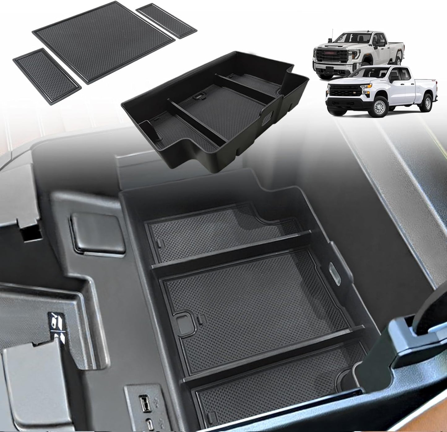 Muslogy Center Console Organizer Compatible with 2022-2025 Chevy Silverado/GMC Sierra 1500, 2024 Silverado & Sierra 2500 3500HD Armrest Storage - Full w/Bucket Seats ONLY(Console Tray&Mats Set)