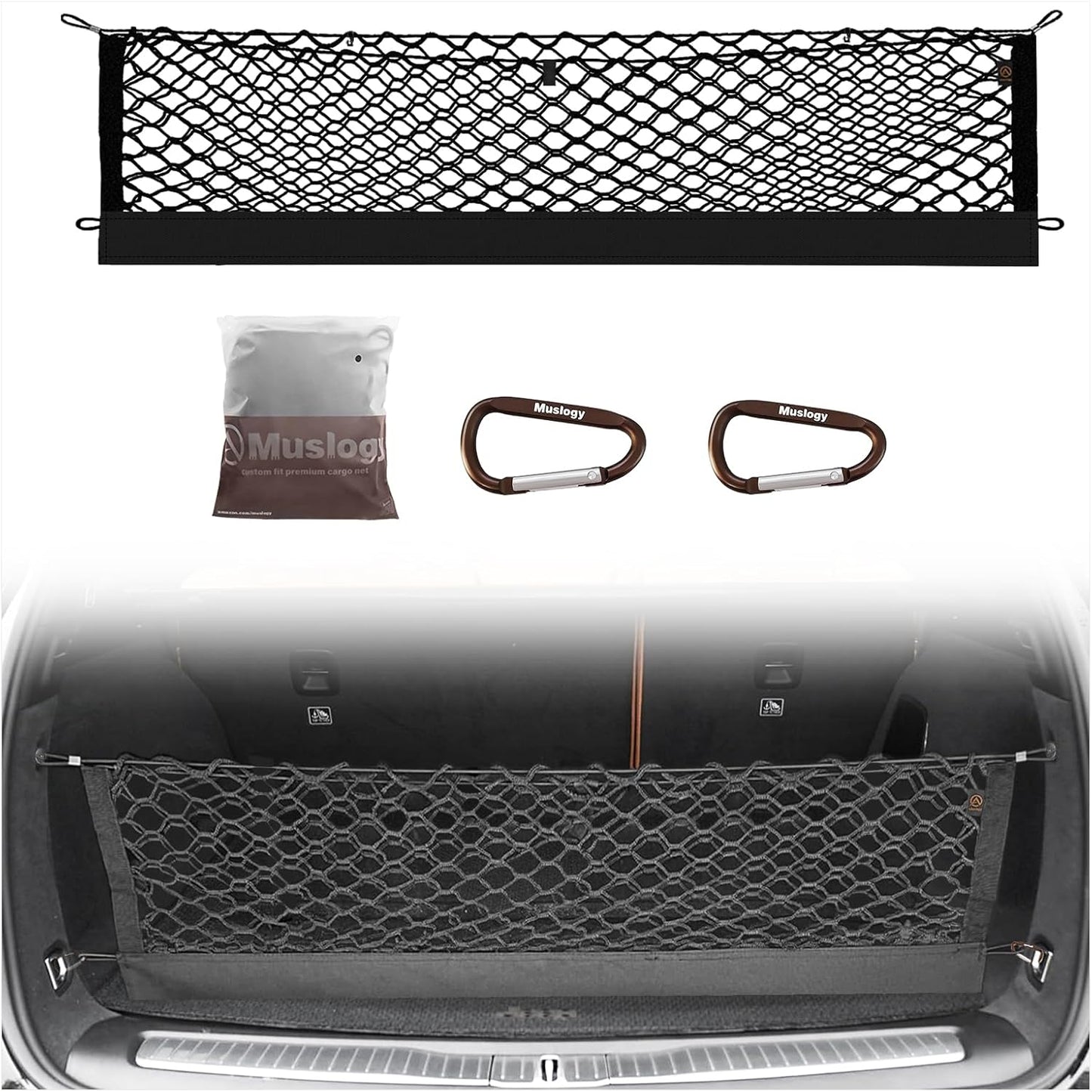 Muslogy Envelope Style Trunk Cargo Net Compatible with 2015-2021 Jeep Grand Cherokee Accessories Custom Fit Trunk Organizer Upgraded Mesh Storage Luggage Net with Metal Hooks (WK2 ONLY)