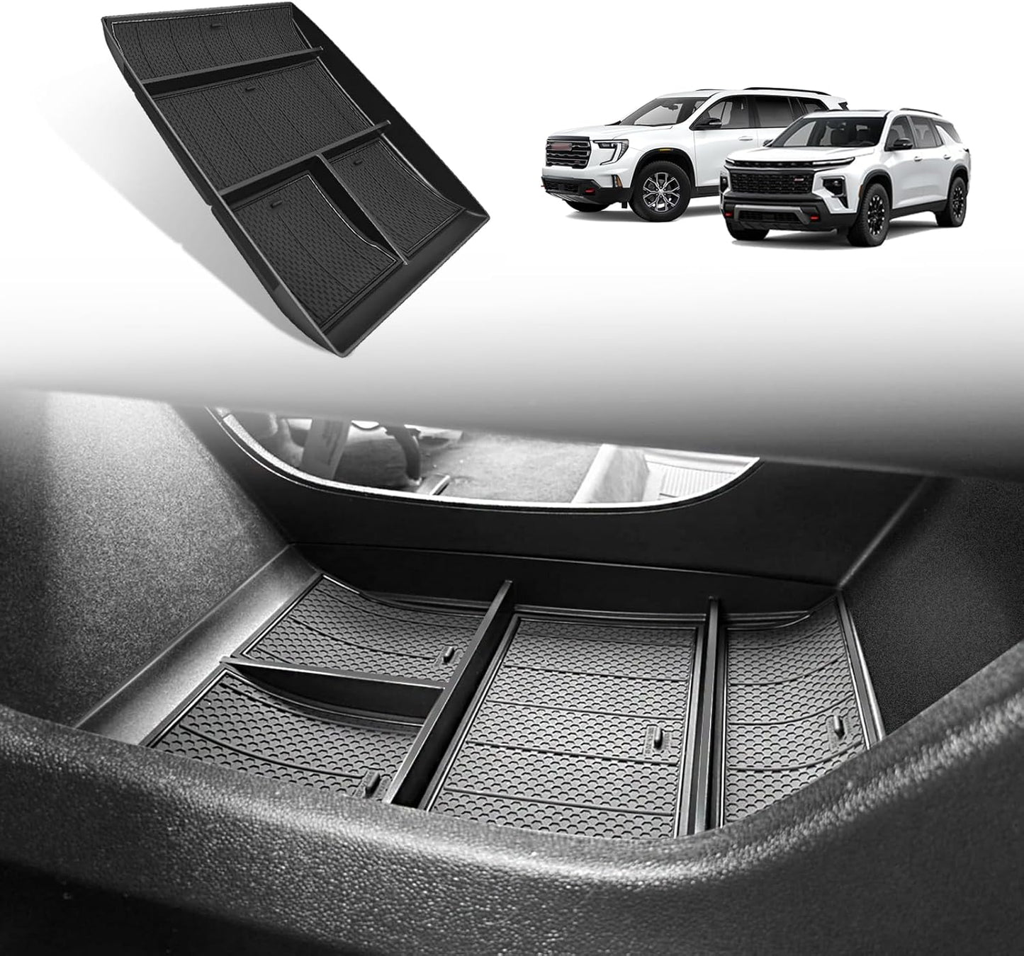 Muslogy Lower Center Console Organizer Compatible with 2024 2025 GMC Acadia & Chevy Traverse Accessories Interior Storage Divider Bottom Insert Tray with Anti-Slip Mats