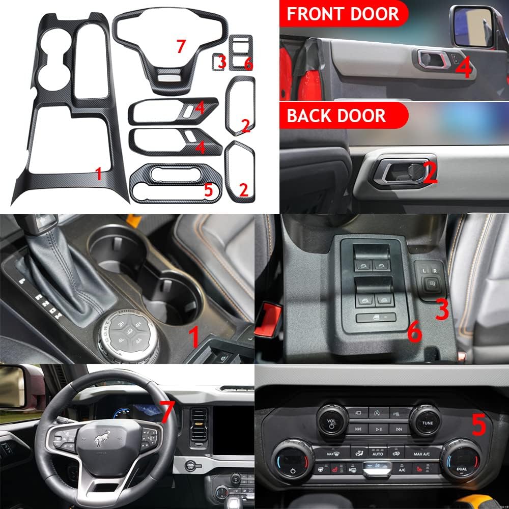 Muslogy Compatible with Ford Bronco 2023 2024 4Door Set of 9 Interior Modification Covers Gear Shift Panel Trim Inner Door Handle Bowl Steering Wheel Cover for Bronco 2021-2024 (Matt Carbon Fiber)
