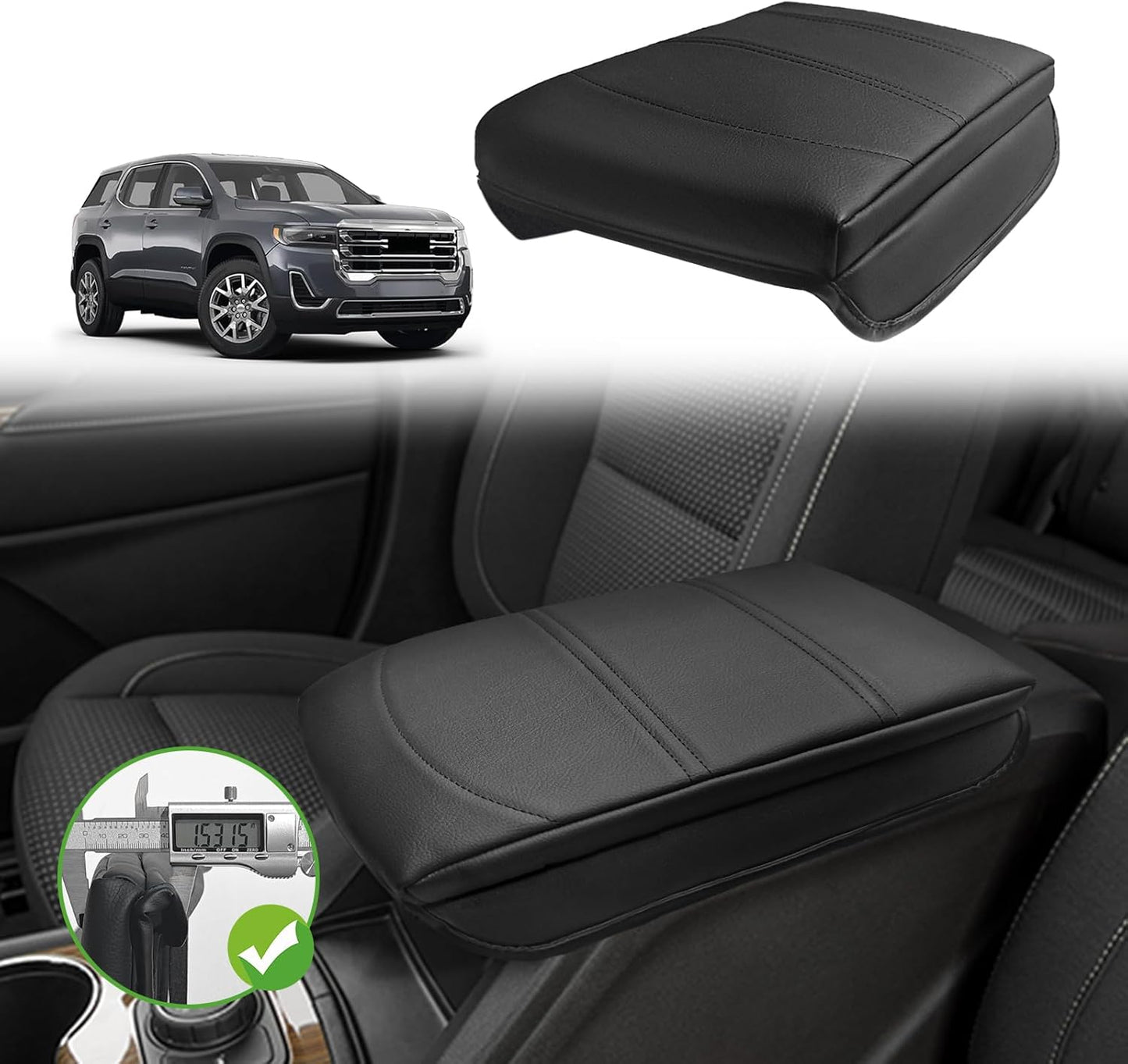 Muslogy Armrest Cover Center Console Cover Compatible with 2024 2025 GMC Acadia & Chevrolet Chevy Traverse Accessories Vegan Leather Arm Rest Middle Console Protector (Black/Red Stitching)