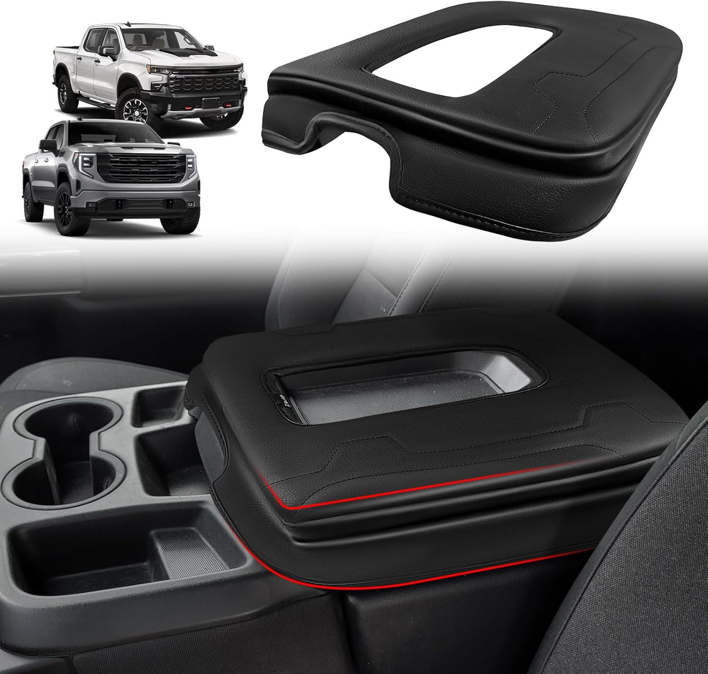 Muslogy Center Console Armrest Cover Compatible with Chevy Silverado & GMC Sierra 1500 2500 3500 2014-2018 Comfort Armrest Pad Arm Rest Cushion Vegan Leather Protector Regular Thick(Bucket Seat ONLY)