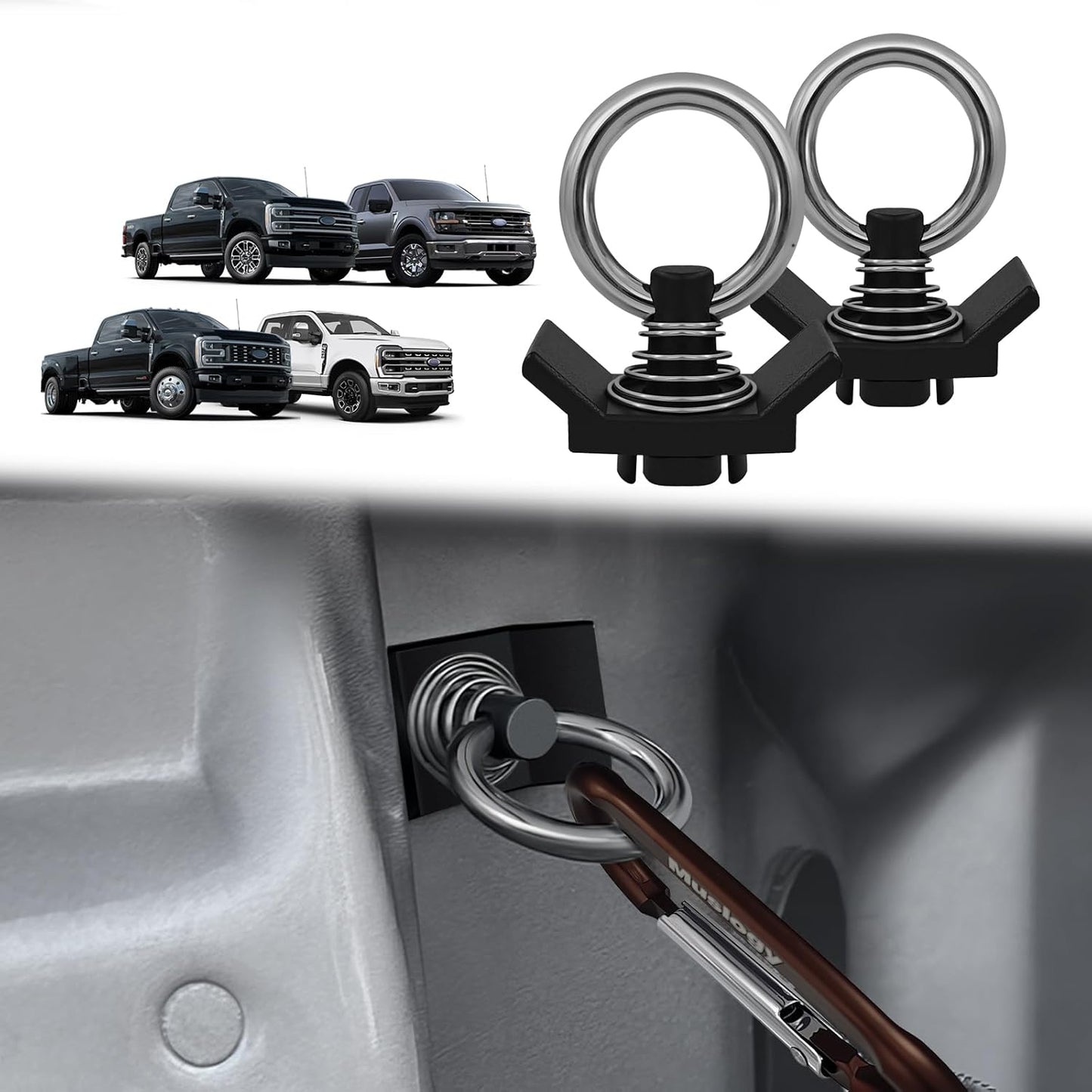 Muslogy Mounting Snap-in Bed Tie Down Anchors Compatible with 2015+ Ford F150 & 2017+ F250/F350/F450 Tie-Down Anchors Mount Hooks Patent Pending Securing Cargo 2PCS(Not for Spray-in Liner Beds)