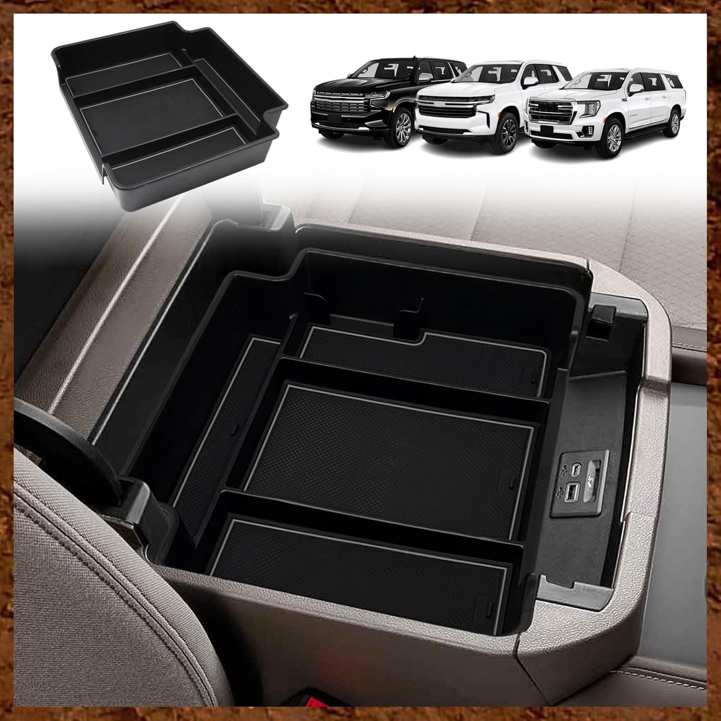 Muslogy for 2021-2025 Yukon Tahoe Suburban Center Console Tray Middle Organizer ABS Armrest Storage Box Compatible with GMC Yukon Tahoe Suburban 2021 2022 2023 2024 2025 Not for Sliding Console(Black)