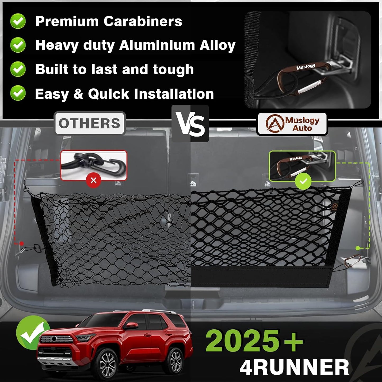 Muslogy Envelope Style Trunk Cargo Net Compatible with 2025 Toyota 4Runner Accessories Custom Fit Trunk Organizer Upgraded Mesh Storage Luggage Net with Metal Hooks