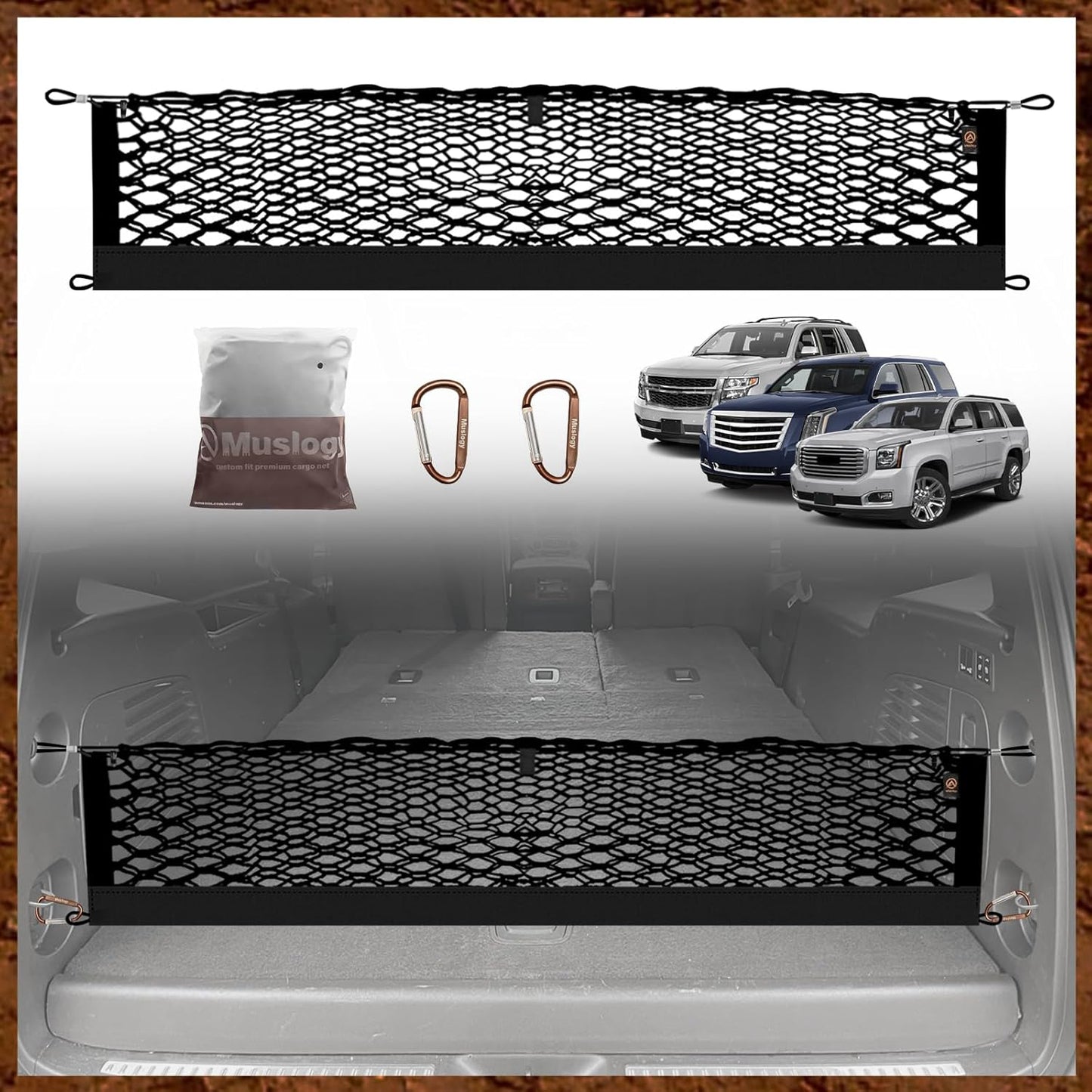 Muslogy Envelope Style Trunk Cargo Net Compatible with 2021-2025 Chevy Suburban&Tahoe, GMC Yukon&Yukon XL, Cadillac Escalade Accessories Upgraded Mesh Storage Luggage Net with Metal Hooks
