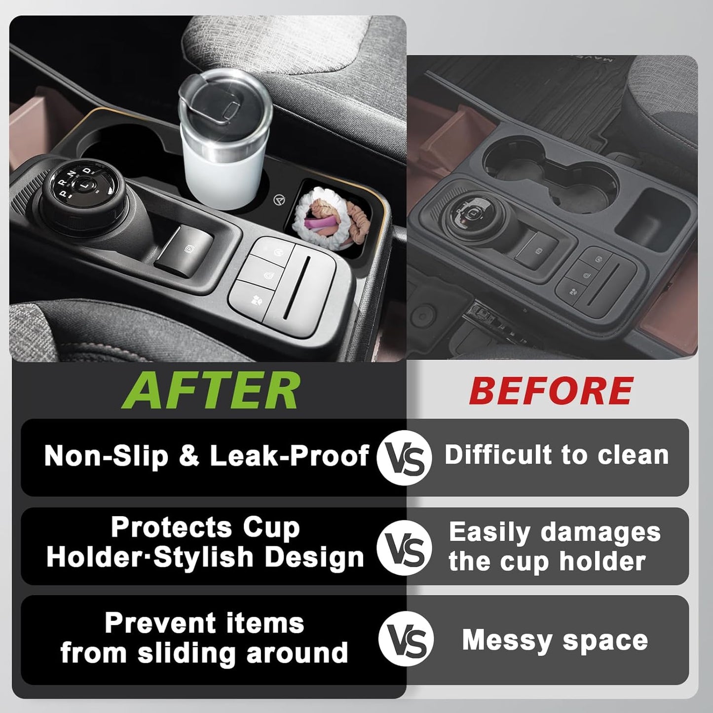 Muslogy Center Console Cup Holder Inserts Compatible with 2022-2025 Ford Maverick Accessories Middle Console Drink Holder Silicone Black Organizer Non-Slip Drink Stopper