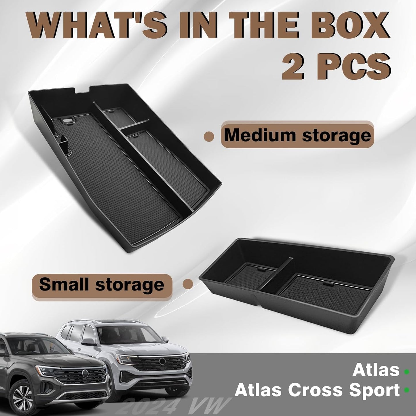 Muslogy Center Console Organizer Compatible with Volkswagen Atlas & Cross Sport 2024 Accessories Middle Console Storage Box & Armrest Front Tray 2PCS Set (Console Organizer+Armrest Front Tray)